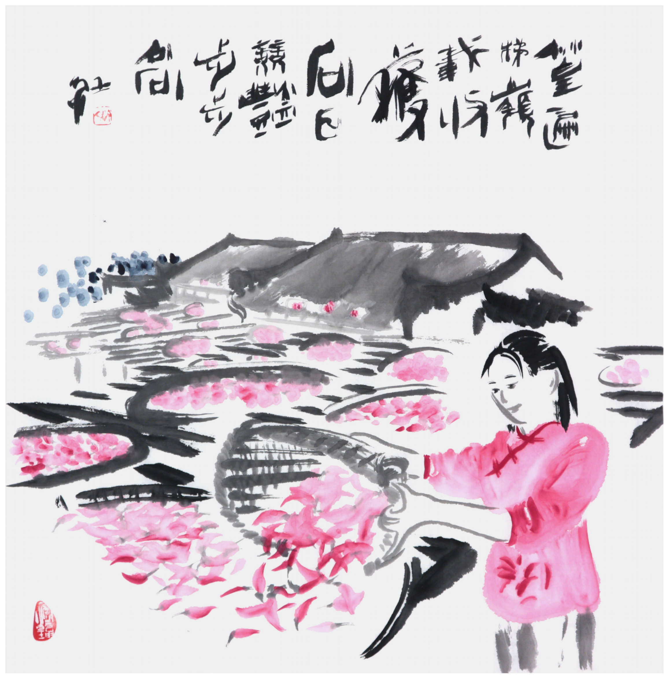 Sai Koh (Qi Hong)’s freehand brushwork Chinese painting (aka, figure painting,  literati painting,  ink wash painting, ink painting, ink brush painting): A Crops Sun-Drying Girl in the Mountainous Village of Huangling, 69×68cm, ink & color on Mian Liao Mian Lian Xuan paper