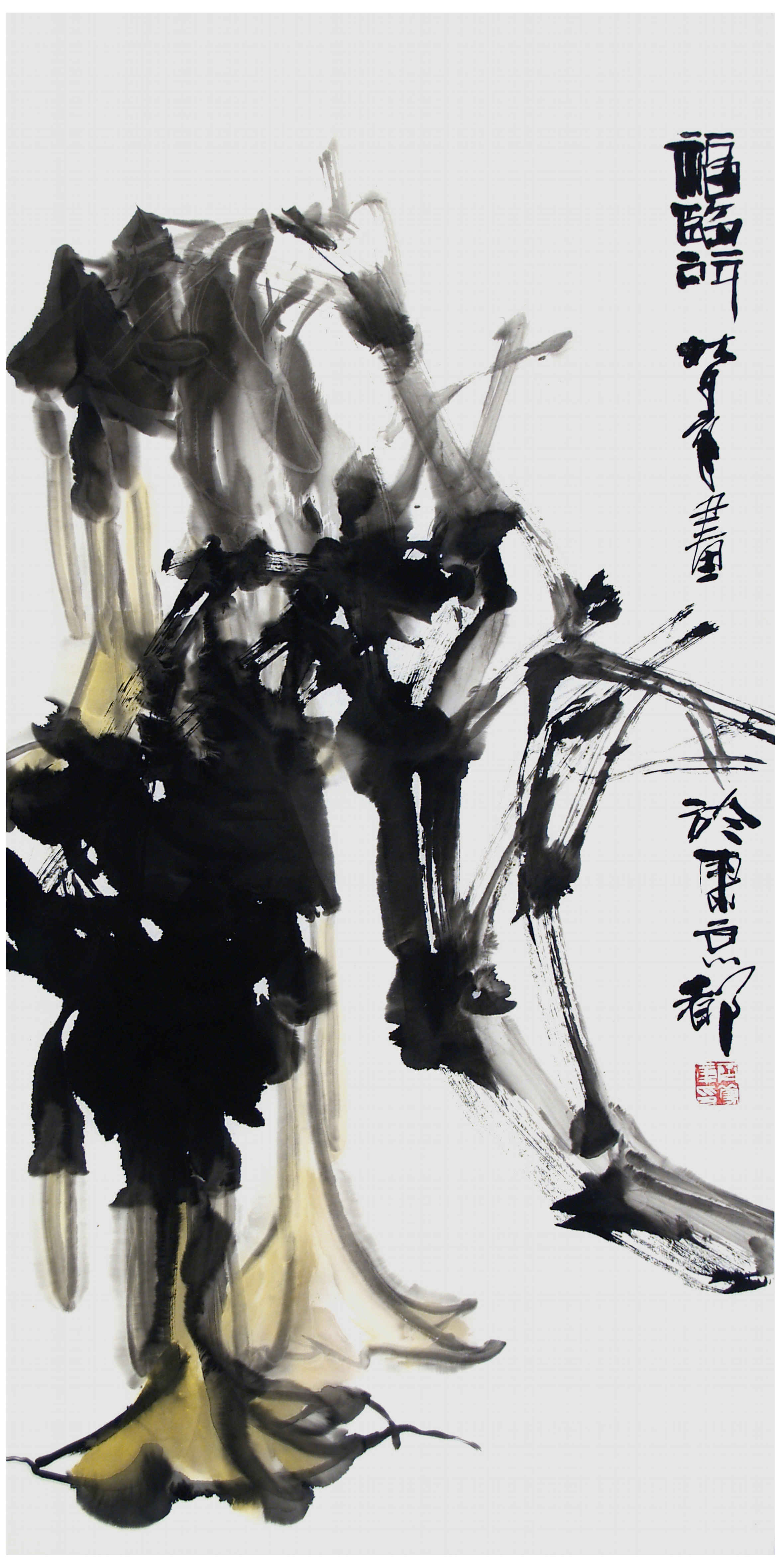 Qi Mengzhang 's freehand brushwork style ink wash painting (aka Chinese painting, literati painting, ink painting, ink brush painting): Angel's Trumpets, 138×69cm, ink & color