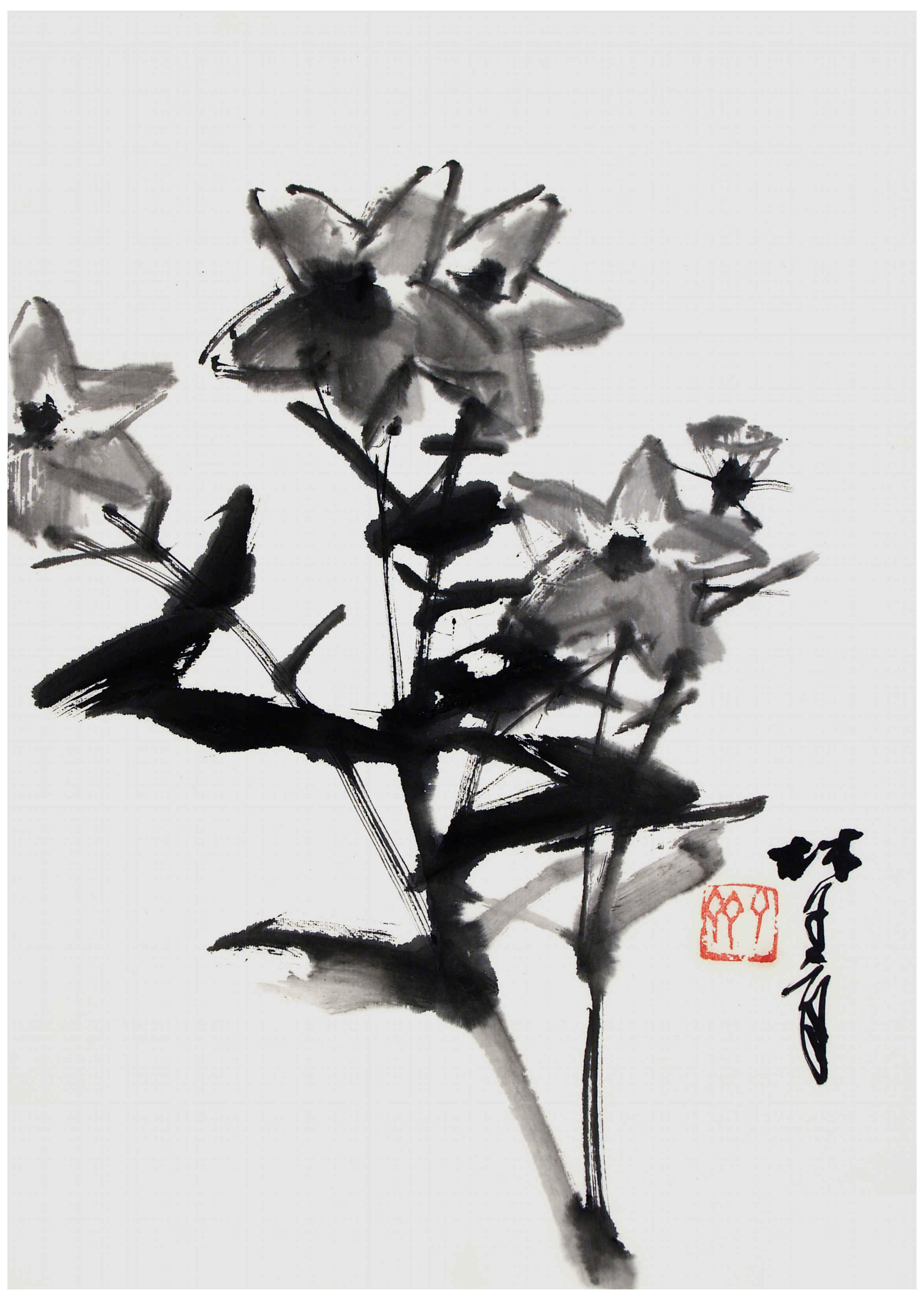 Qi Mengzhang 's freehand brushwork style ink wash painting (aka Chinese painting, literati painting, ink painting, ink brush painting): Balloon Flower, 51×35cm, ink