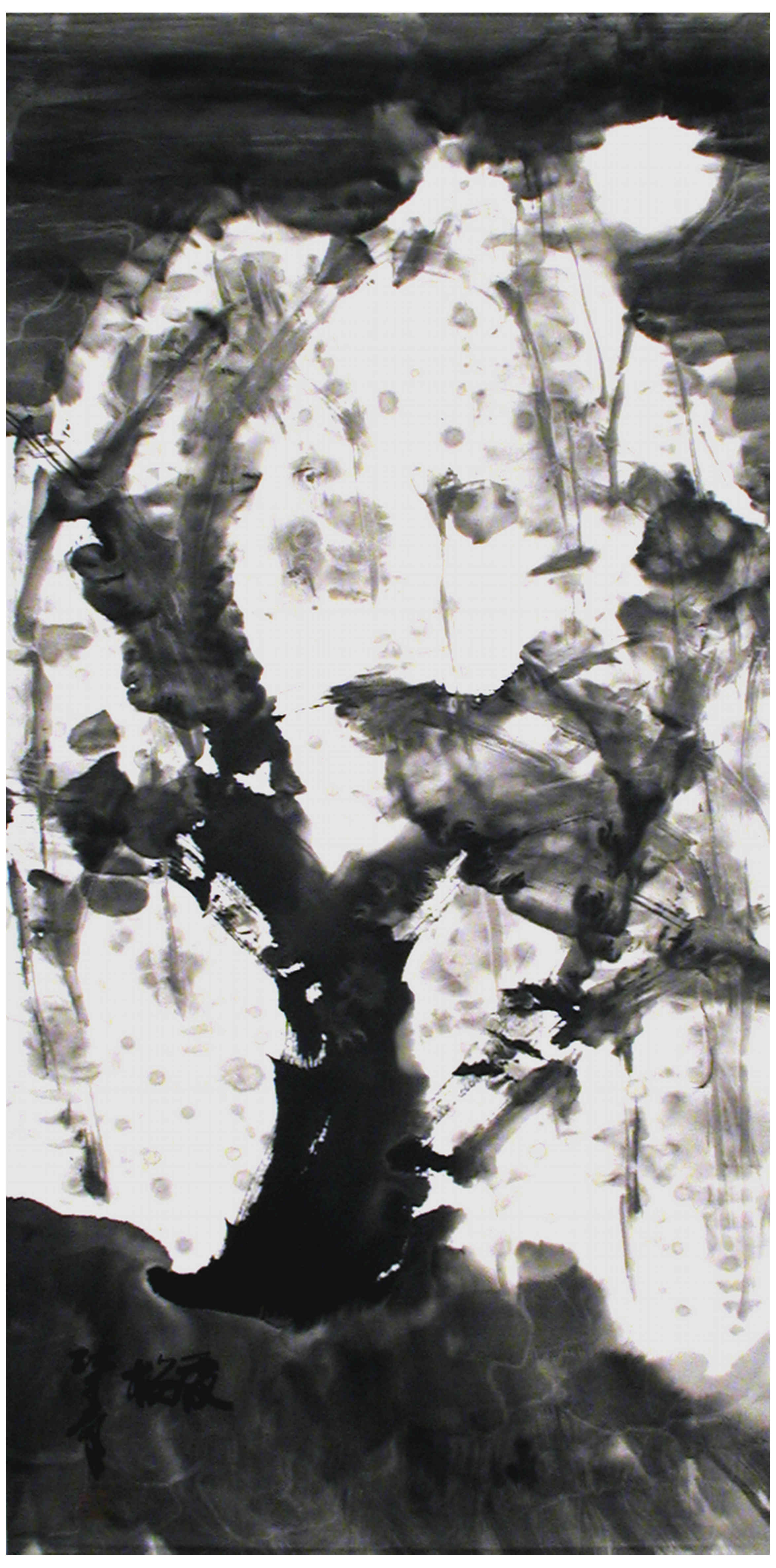 Qi Mengzhang 's freehand brushwork style ink wash painting (aka Chinese painting, literati painting, ink painting, ink brush painting): Cherry, 138×69cm, ink