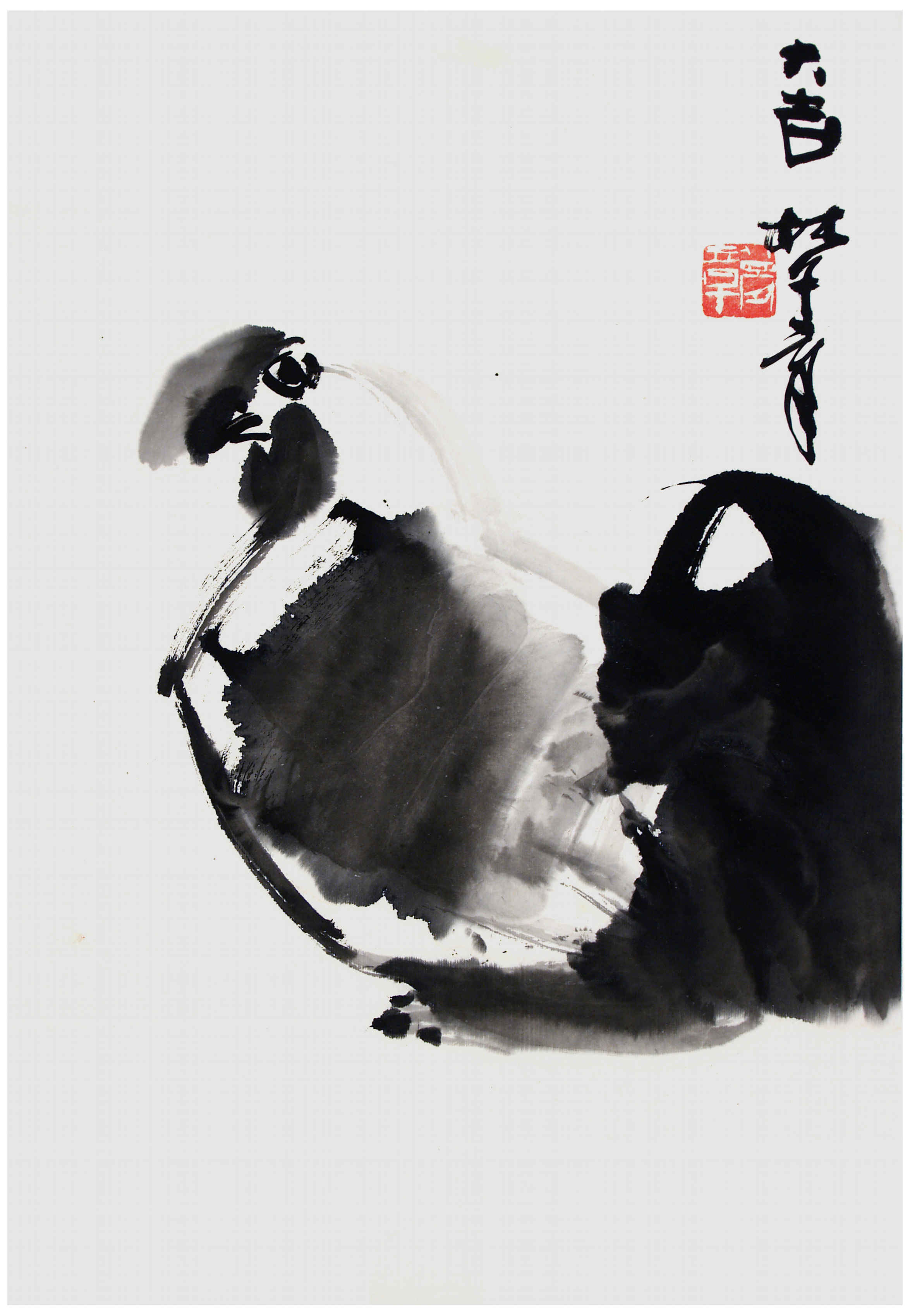 Qi Mengzhang 's freehand brushwork style ink wash painting (aka Chinese painting, literati painting, ink painting, ink brush painting): Chicken, 51×35cm, ink