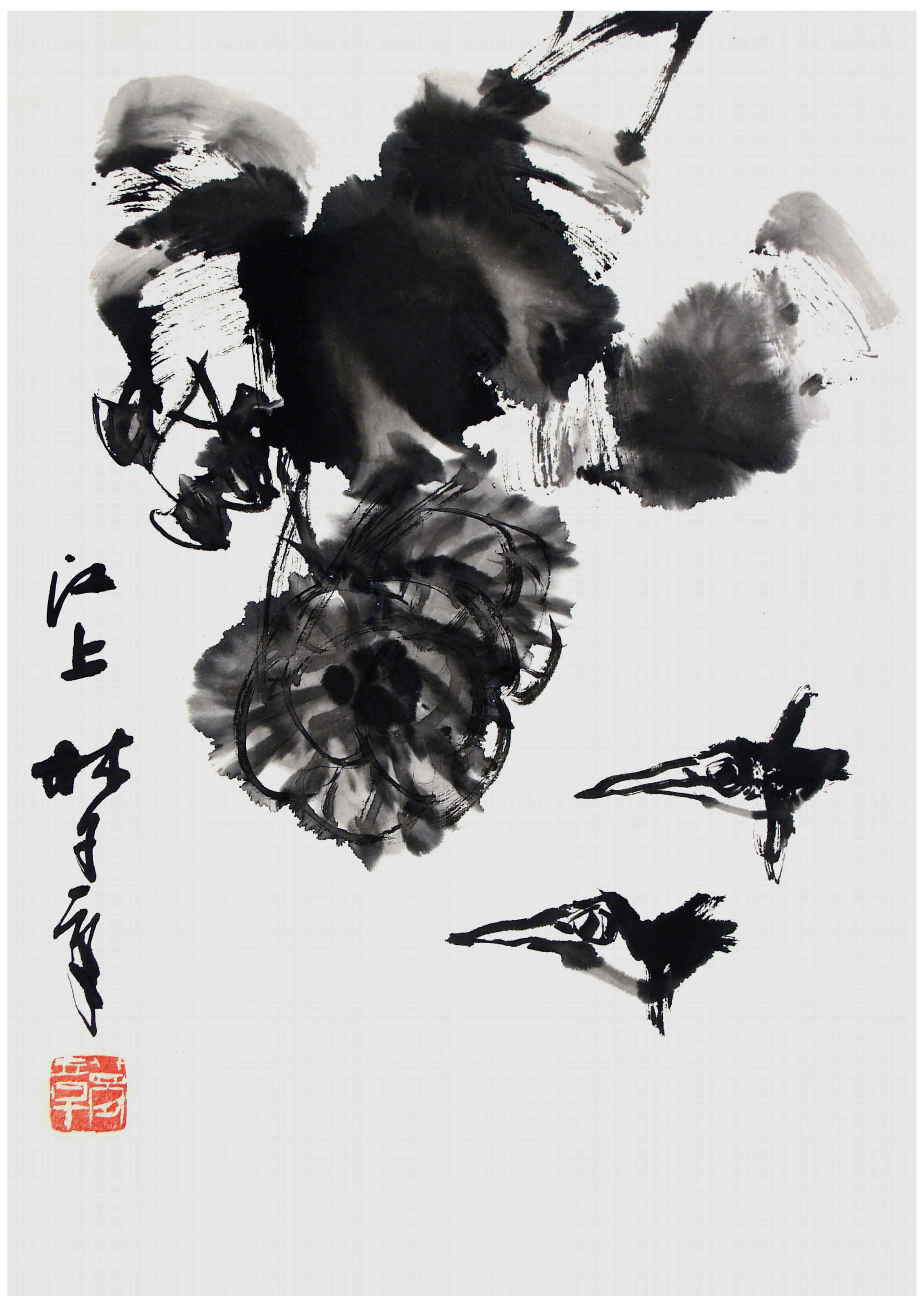 Qi Mengzhang 's freehand brushwork style ink wash painting (aka Chinese painting, literati painting, ink painting, ink brush painting): Confederate Rose & Kingfishers, 51×35cm, ink