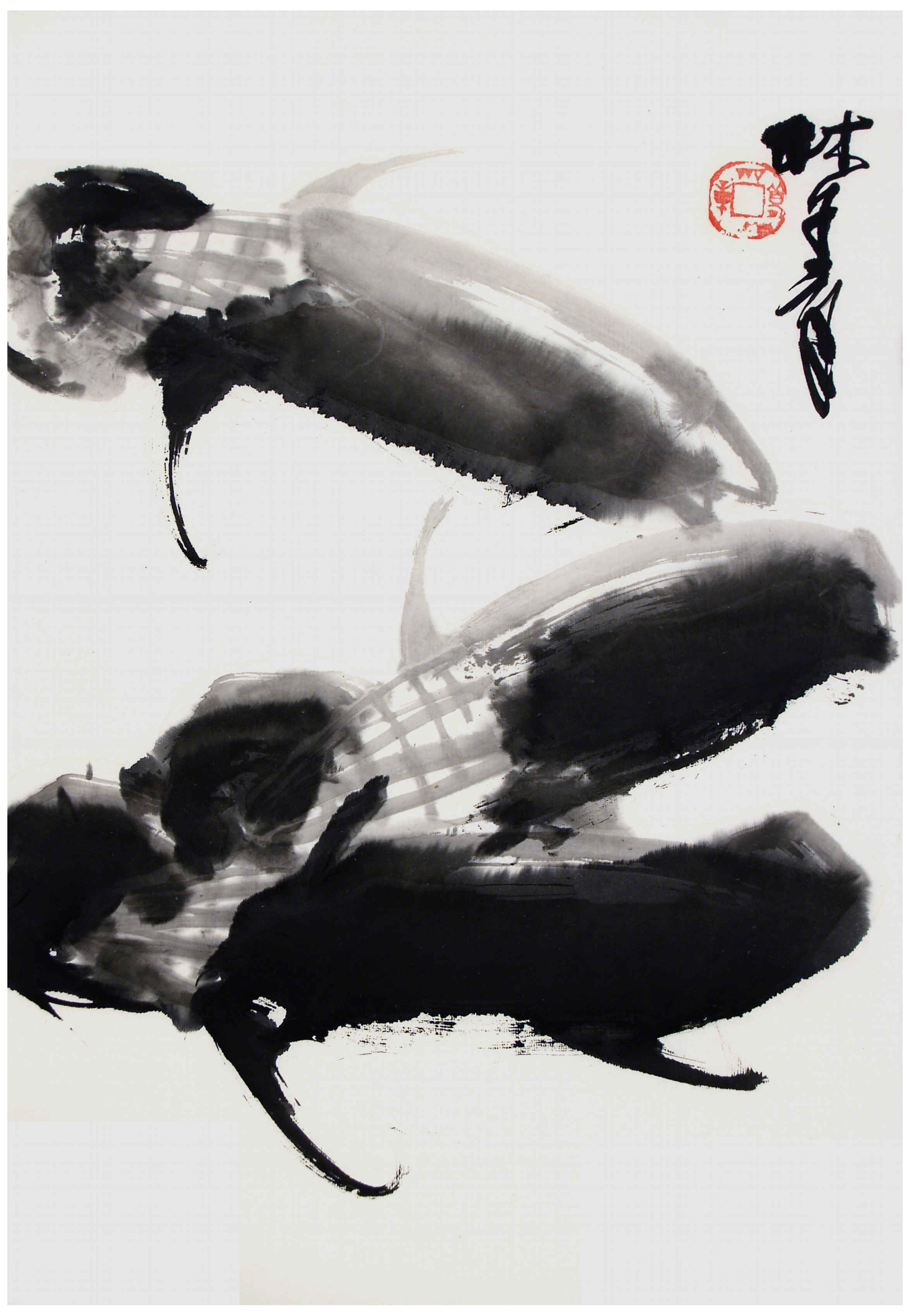 Qi Mengzhang 's freehand brushwork style ink wash painting (aka Chinese painting, literati painting, ink painting, ink brush painting): Corn 2, 51×35cm, ink
