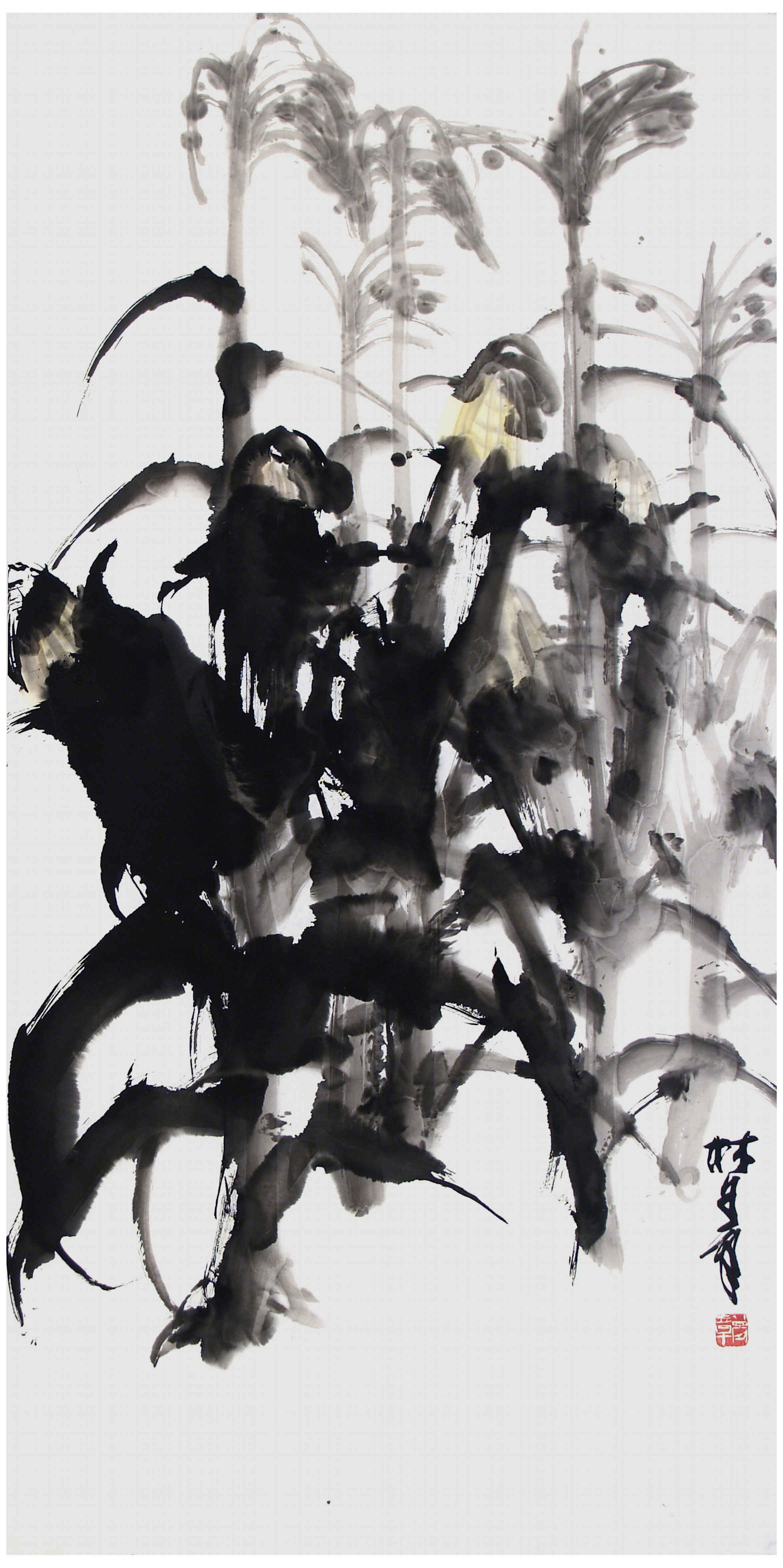 Qi Mengzhang 's freehand brushwork style ink wash painting (aka Chinese painting, literati painting, ink painting, ink brush painting): Corn, 138×69cm, ink & color