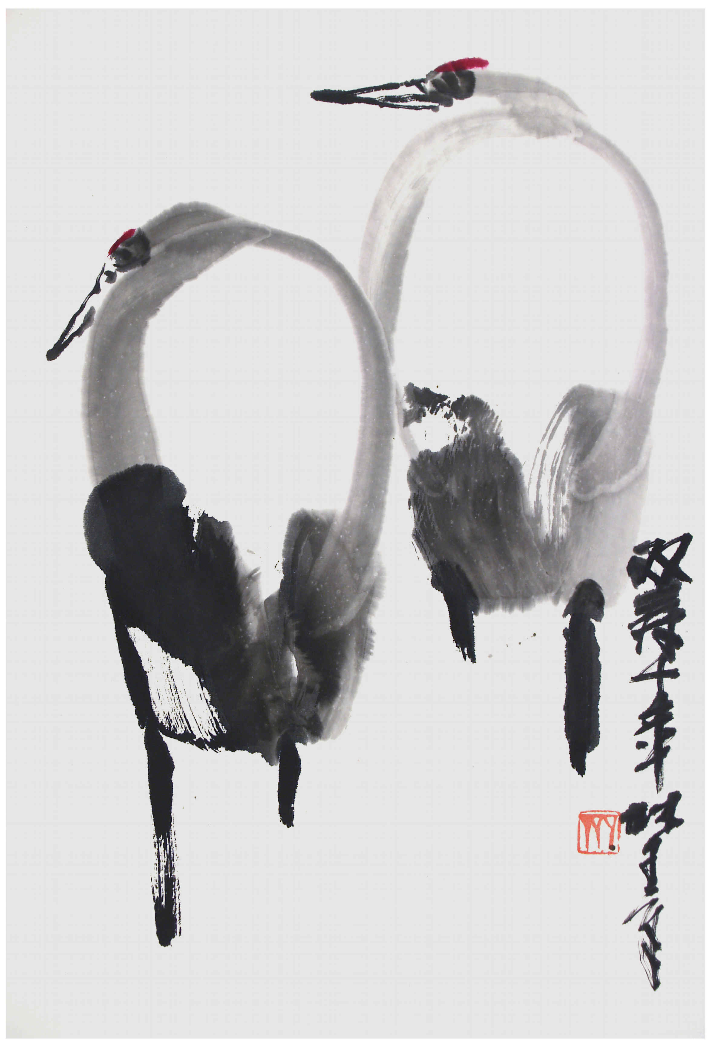 Qi Mengzhang 's freehand brushwork style ink wash painting (aka Chinese painting, literati painting, ink painting, ink brush painting): Crane, 51×35cm, ink & color