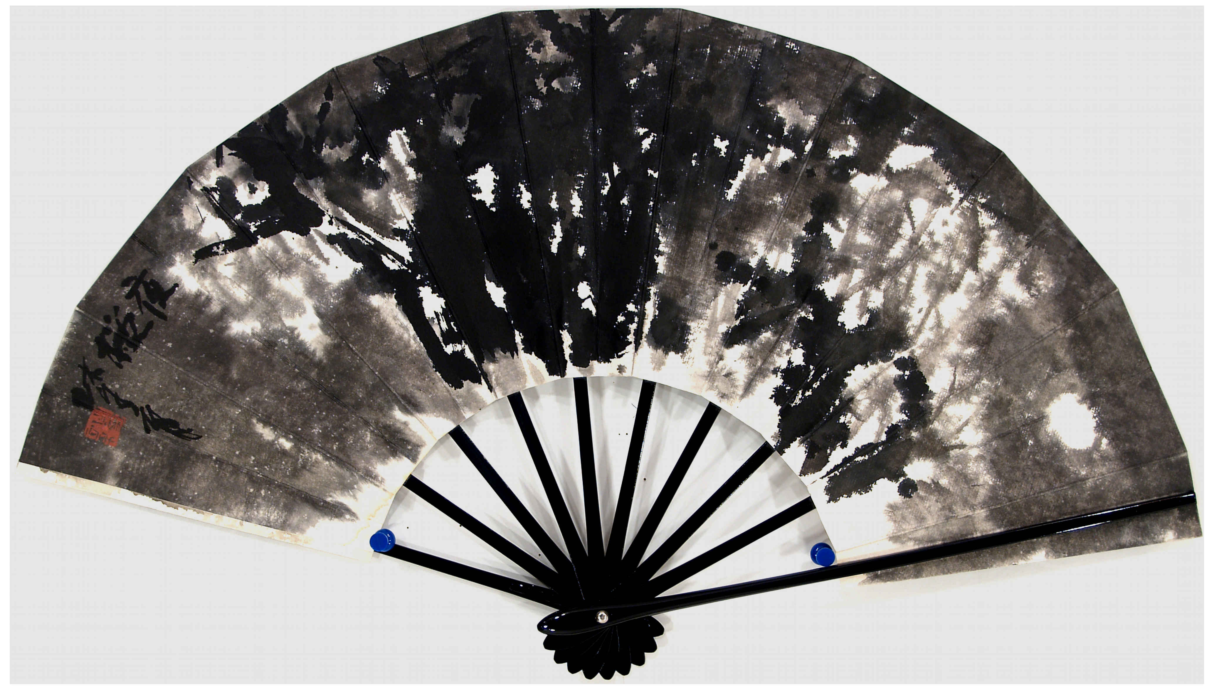 Qi Mengzhang 's freehand brushwork style ink wash painting (aka Chinese painting, literati painting, ink painting, ink brush painting): Cherry Trees (Hand fan painting), ink