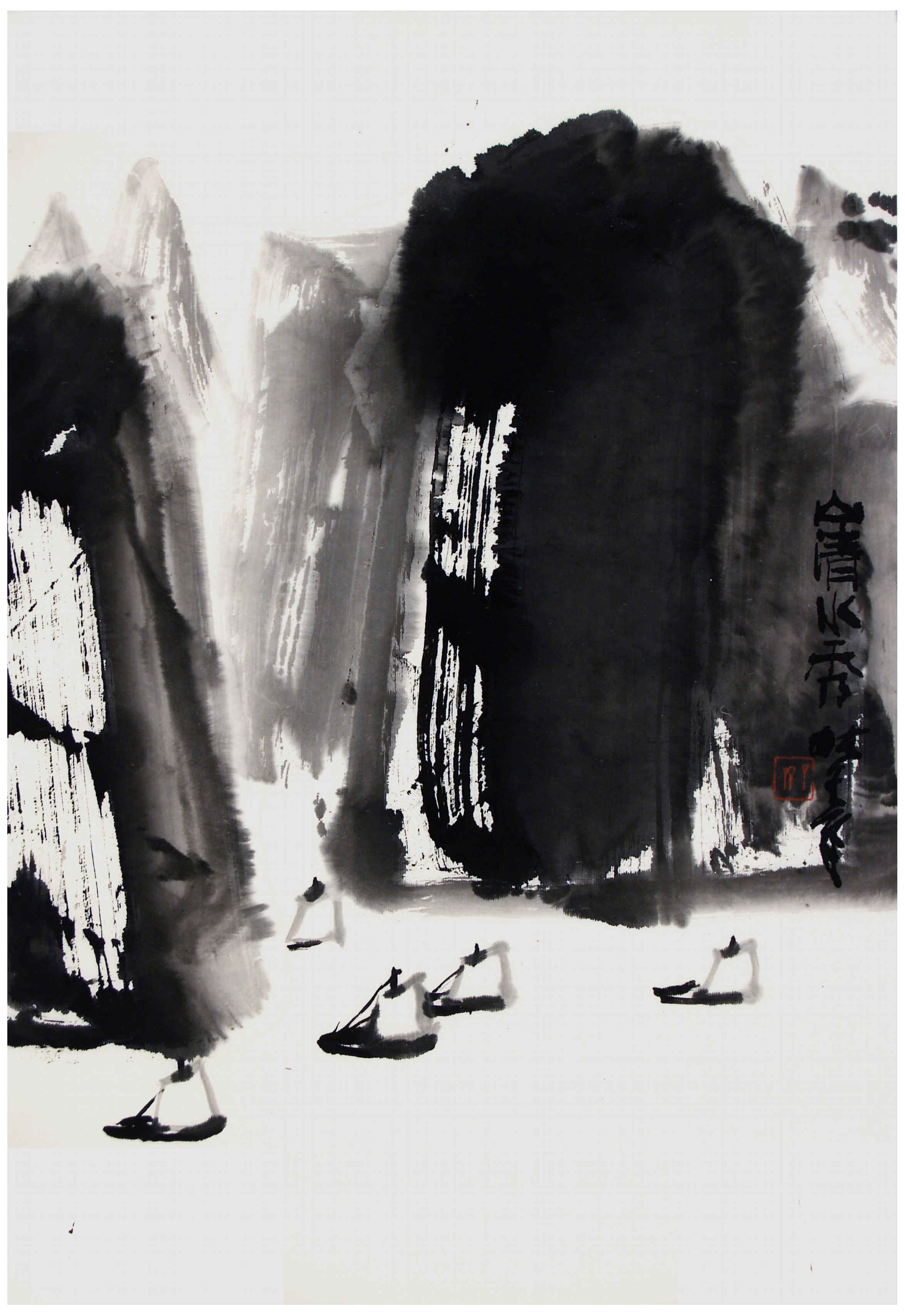 Qi Mengzhang 's freehand brushwork style ink wash painting (aka Chinese painting, literati painting, ink painting, ink brush painting): Landscape, 51×35cm, ink