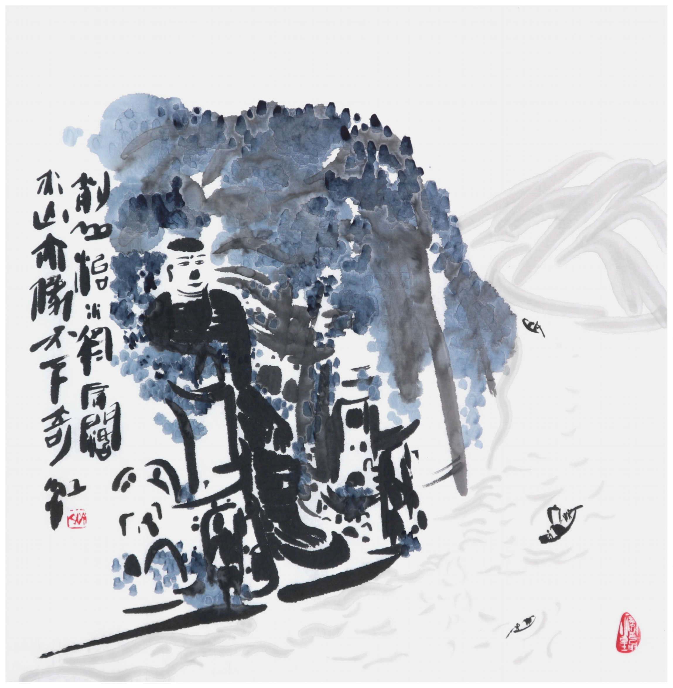 Sai Koh (Qi Hong)’s freehand brushwork Chinese painting (aka, landscape painting,  literati painting,  ink wash painting, ink painting, ink brush painting): Leshan Giant Buddha, 69×68cm, ink & color on Mian Liao Mian Lian Xuan paper
