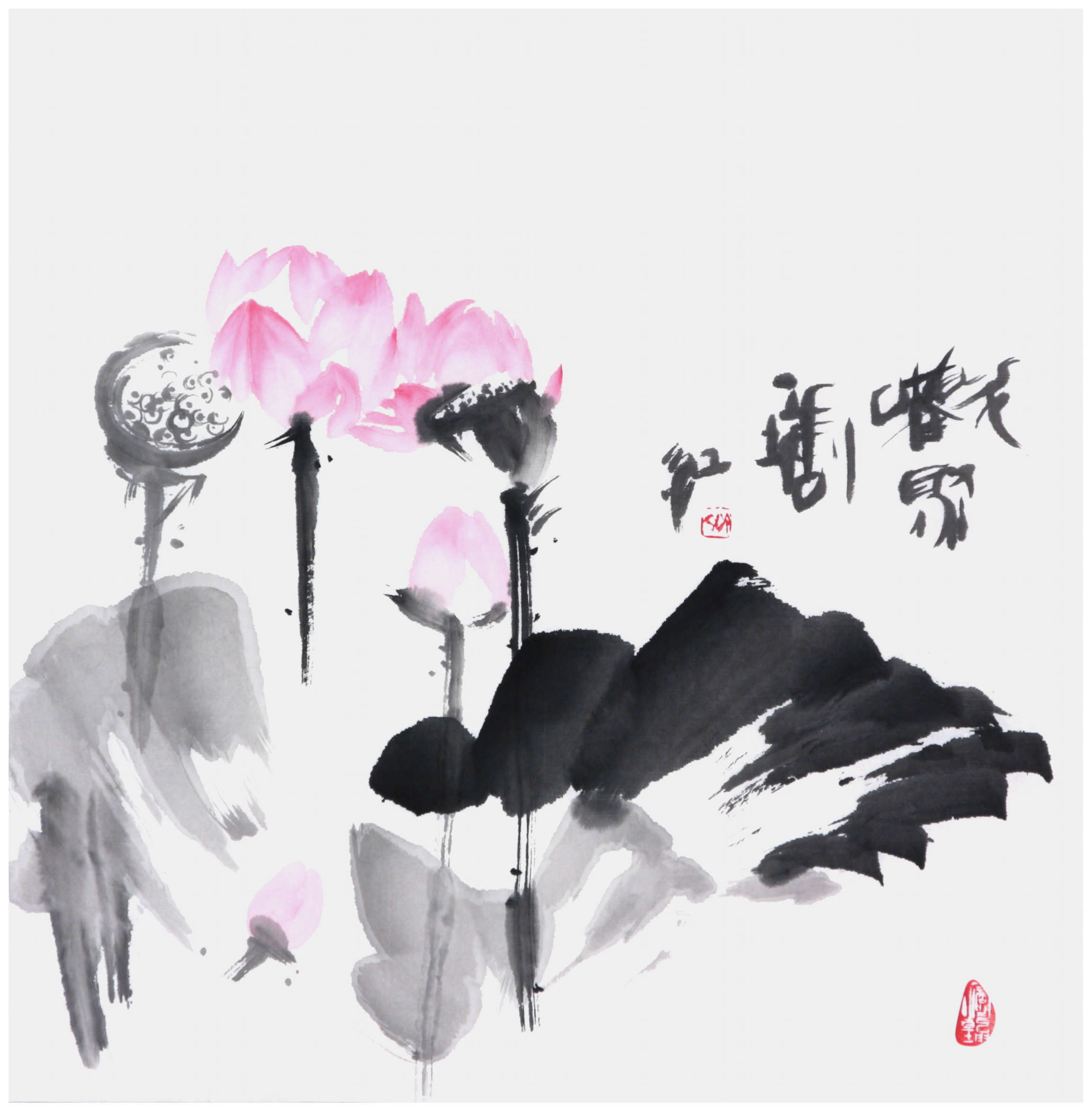 Sai Koh (Qi Hong)’s freehand brushwork Chinese painting (aka, bird-and-flower painting,  literati painting,  ink wash painting, ink painting, ink brush painting): Lotus 5, 69×68cm, ink & color on Mian Liao Mian Lian Xuan paper