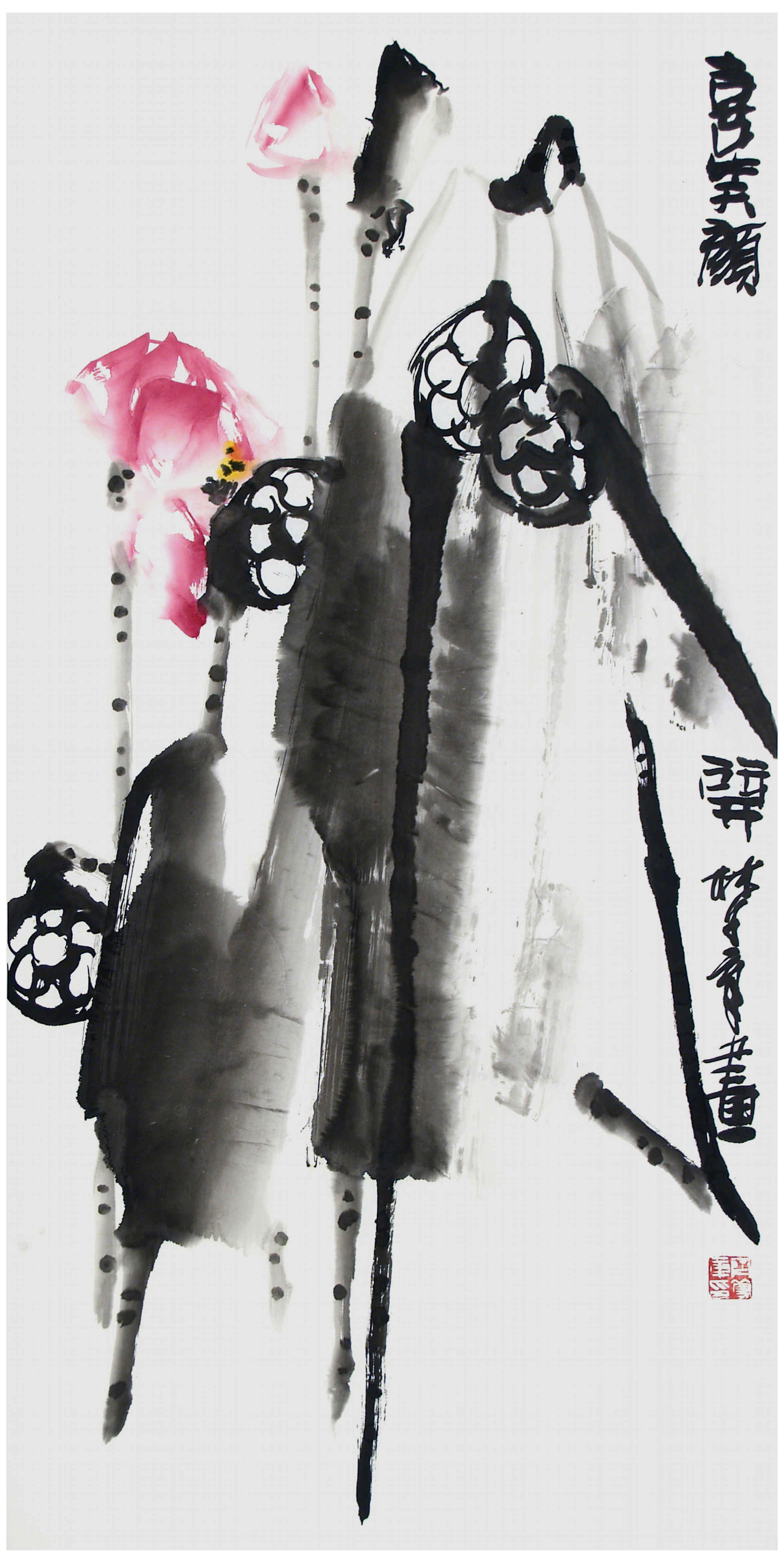 Qi Mengzhang 's freehand brushwork style ink wash painting (aka Chinese painting, literati painting, ink painting, ink brush painting): Lotus, 138×69cm, ink & color