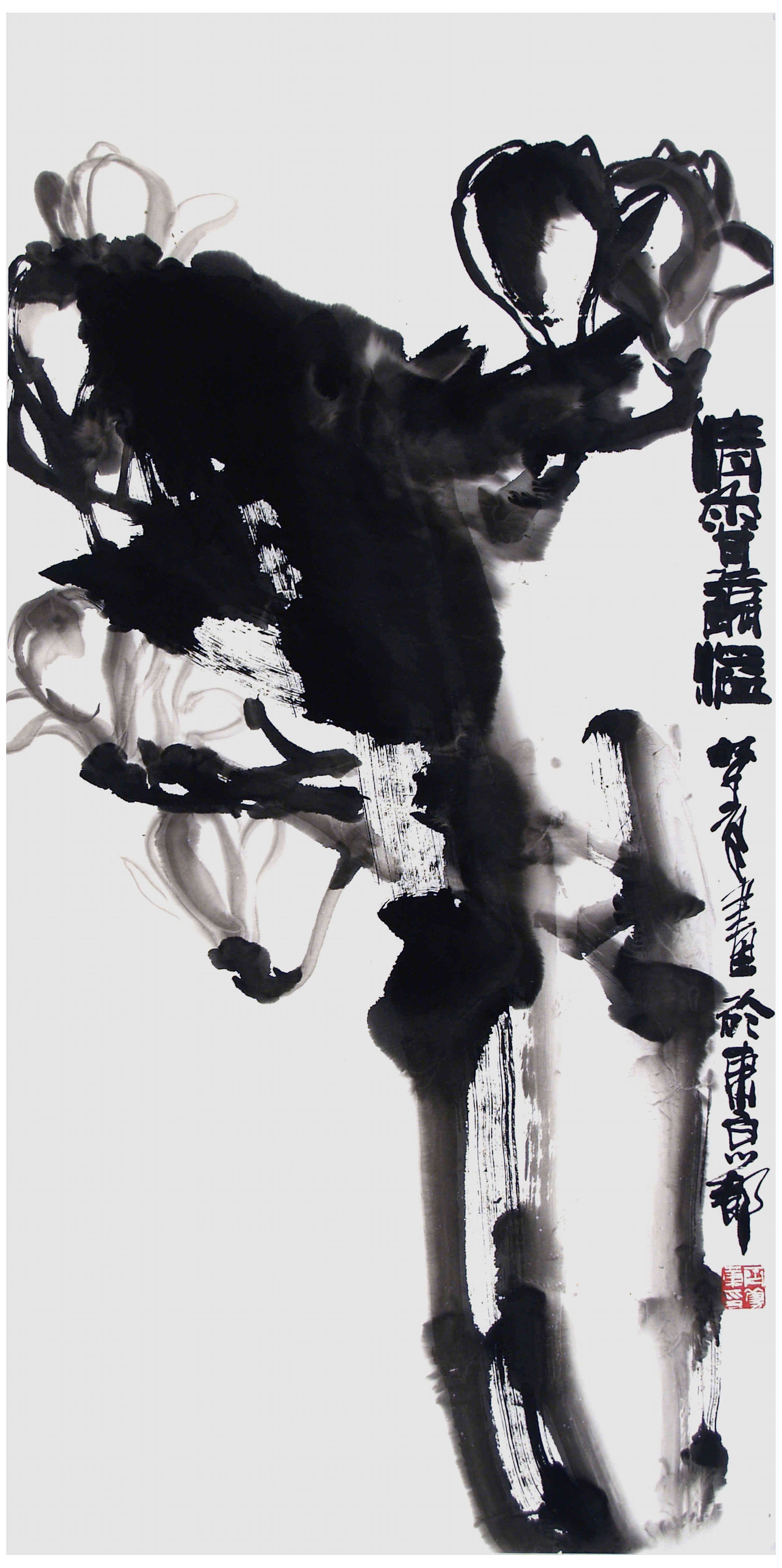 Qi Mengzhang 's freehand brushwork style ink wash painting (aka Chinese painting, literati painting, ink painting, ink brush painting): Yulan Magnolia 2, 138×69cm, ink