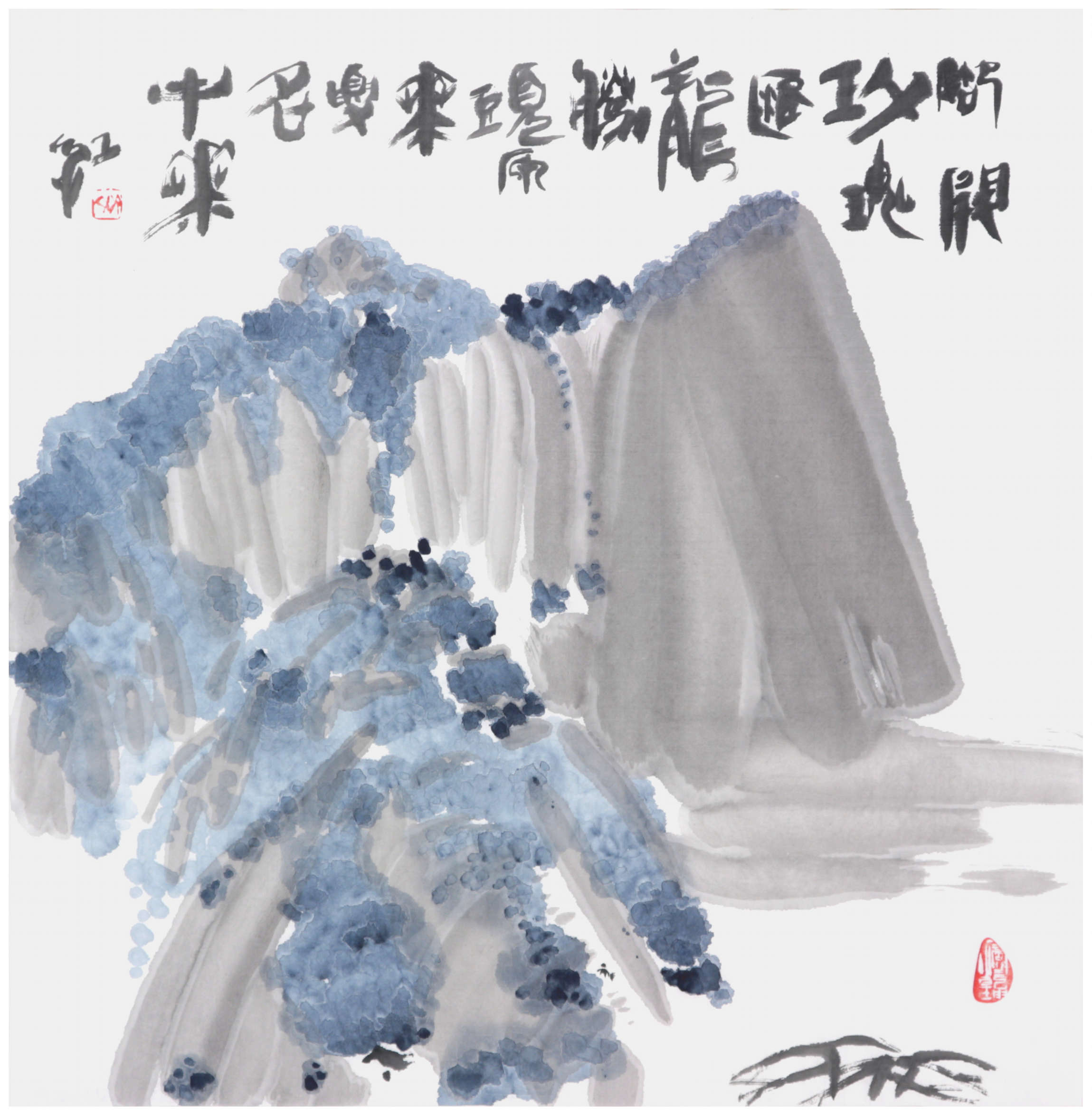 Sai Koh (Qi Hong)’s freehand brushwork Chinese painting (aka, landscape painting,  literati painting,  ink wash painting, ink painting, ink brush painting): Mount Hua 3, 69×68cm, ink & color on Mian Liao Mian Lian Xuan paper