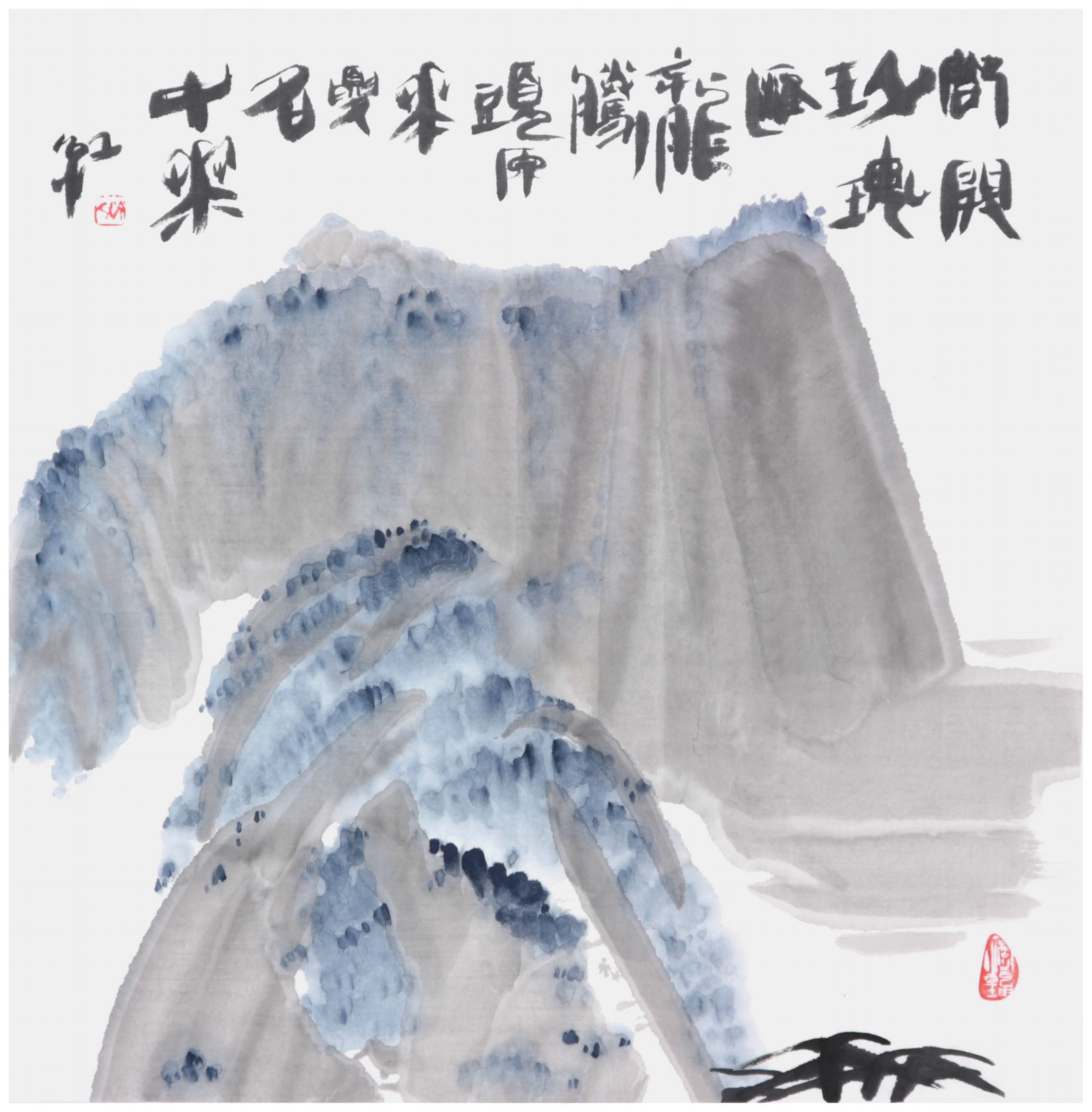 Sai Koh (Qi Hong)’s freehand brushwork Chinese painting (aka, landscape painting,  literati painting,  ink wash painting, ink painting, ink brush painting): Mount Hua 4, 69×68cm, ink & color on Mian Liao Mian Lian Xuan paper