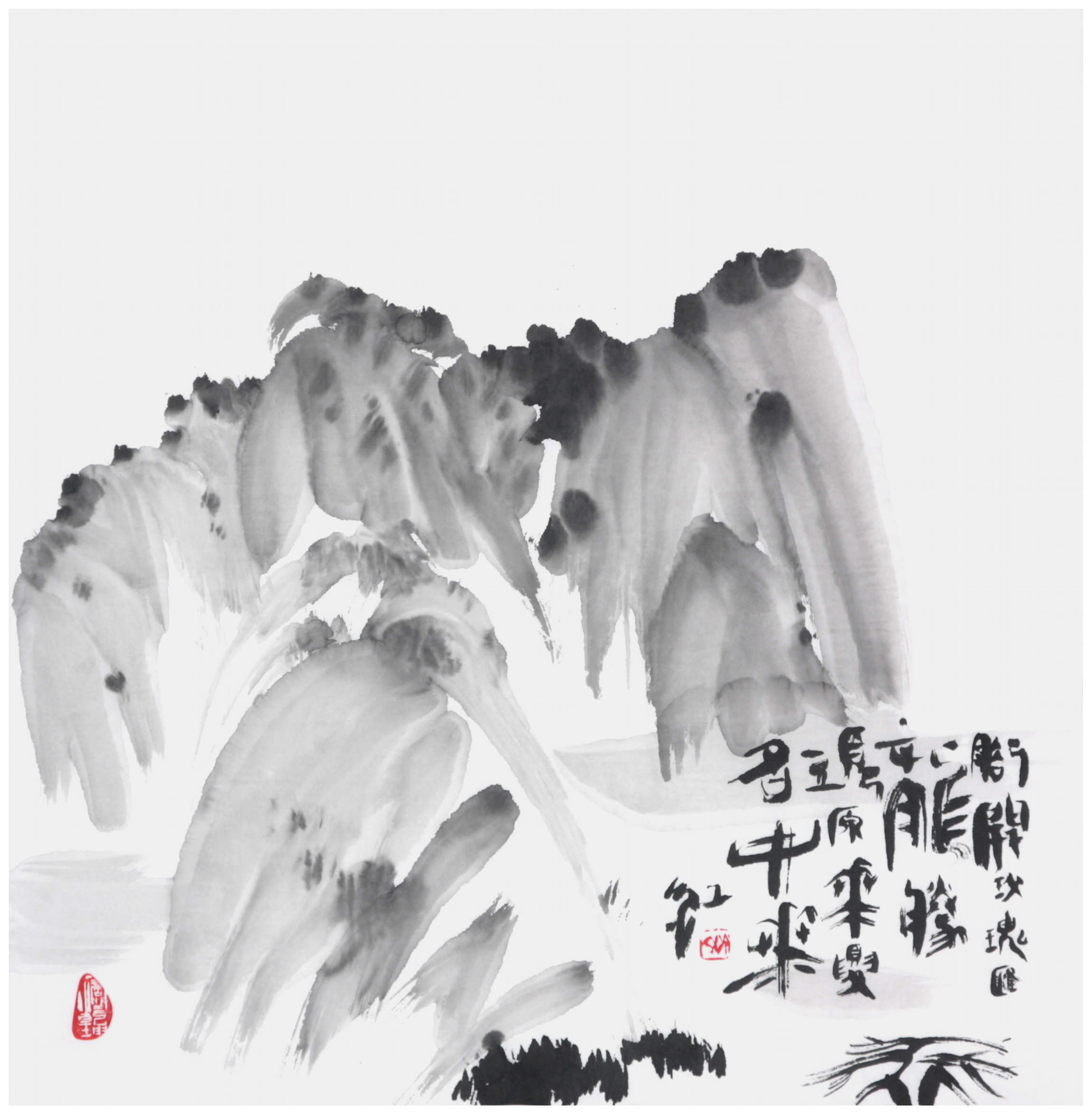 Sai Koh (Qi Hong)’s freehand brushwork Chinese painting (aka, landscape painting,  literati painting,  ink wash painting, ink painting, ink brush painting): Mount Hua, 69×68cm, ink on Mian Liao Mian Lian Xuan paper