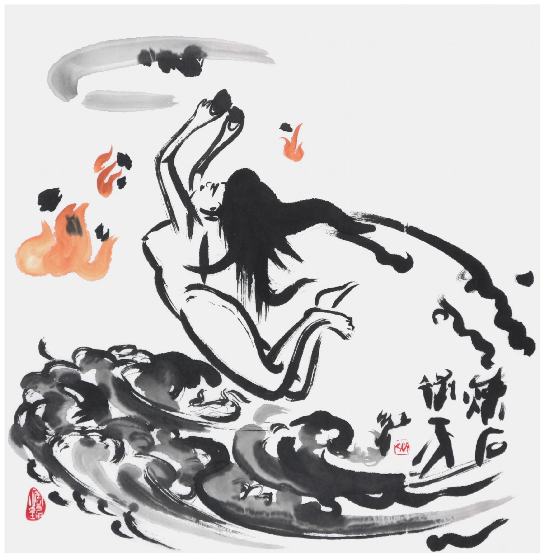 Qi Hong (Sai Koh) 's freehand brushwork style ink wash painting (aka Chinese painting, literati painting, ink painting, ink brush painting): Nüwa, 69×68cm, ink & color