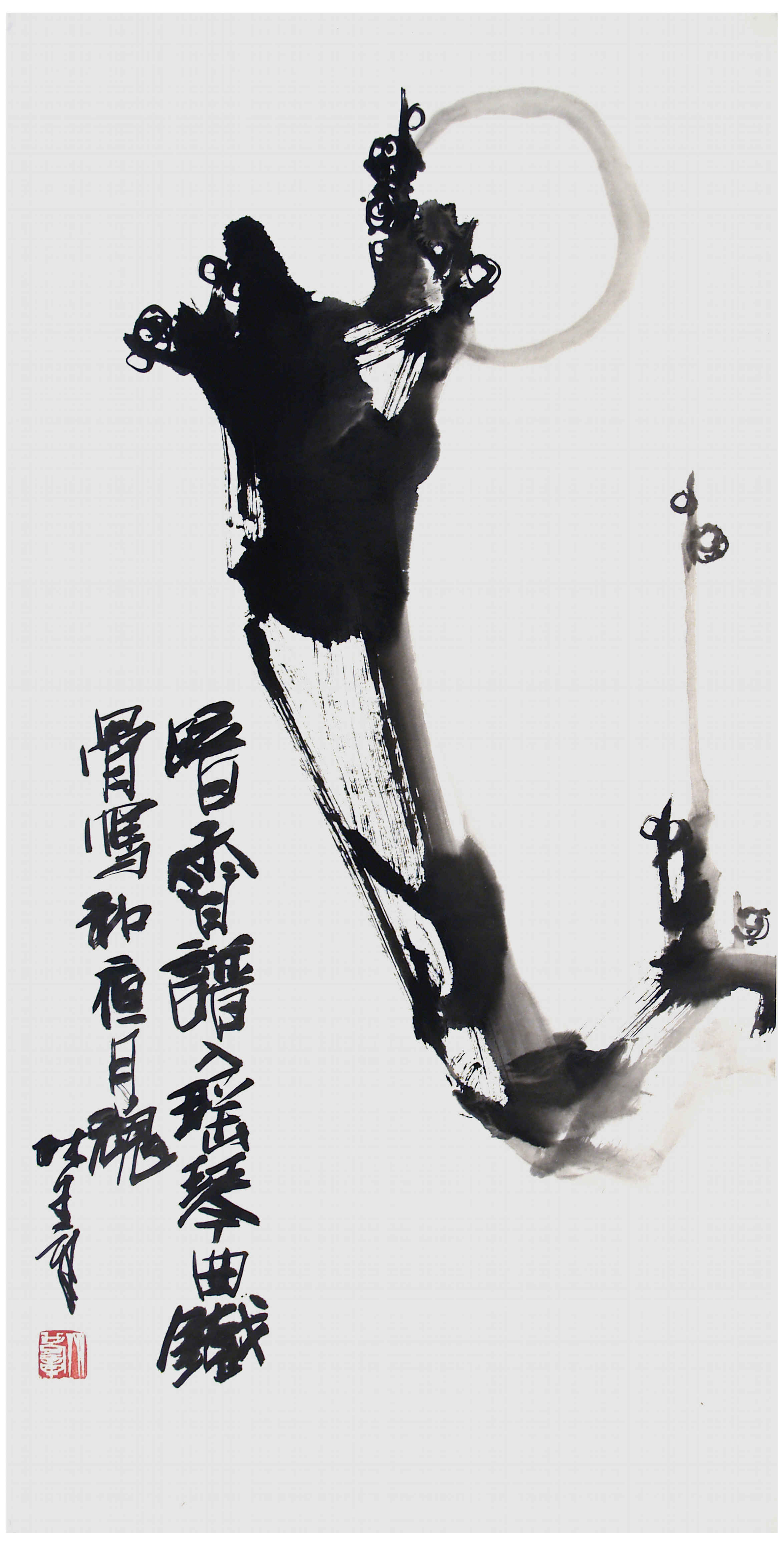 Qi Mengzhang 's freehand brushwork style ink wash painting (aka Chinese painting, literati painting, ink painting, ink brush painting): Plum Tree 2, 138×69cm, ink