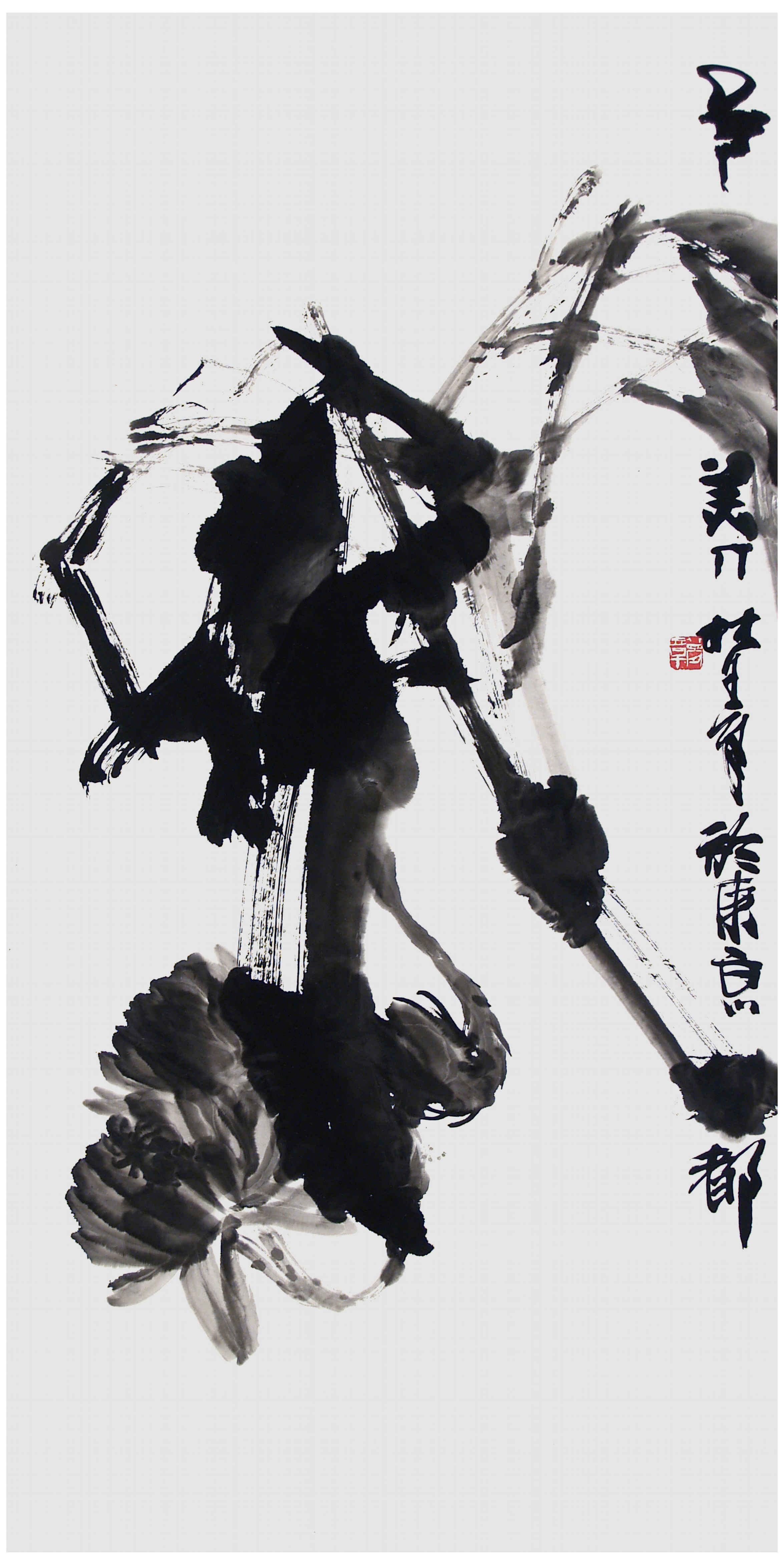 Qi Mengzhang 's freehand brushwork style ink wash painting (aka Chinese painting, literati painting, ink painting, ink brush painting): Queen of the Night, 138×69cm, ink