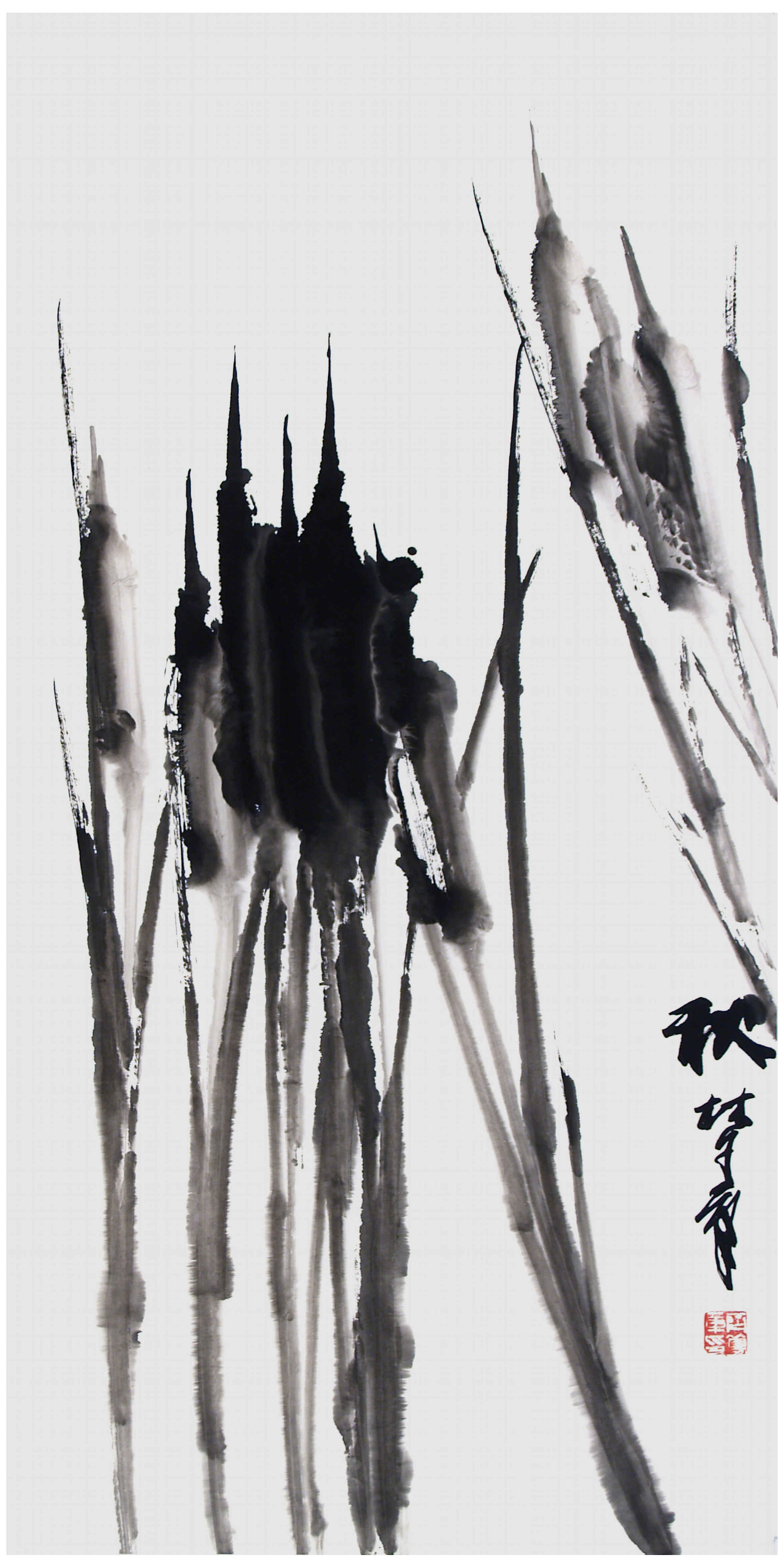 Qi Mengzhang 's freehand brushwork style ink wash painting (aka Chinese painting, literati painting, ink painting, ink brush painting): Reed Mace, 138×69cm, ink