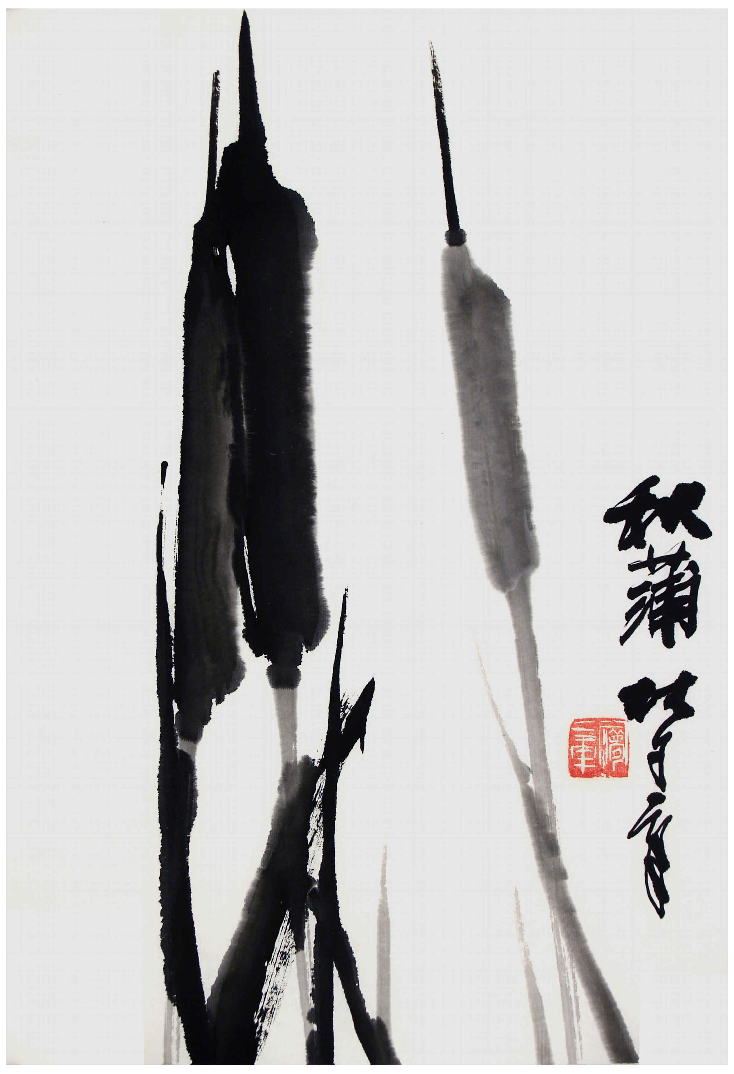 Qi Mengzhang 's freehand brushwork style ink wash painting (aka Chinese painting, literati painting, ink painting, ink brush painting): Reed Mace 2, 51×35cm, ink
