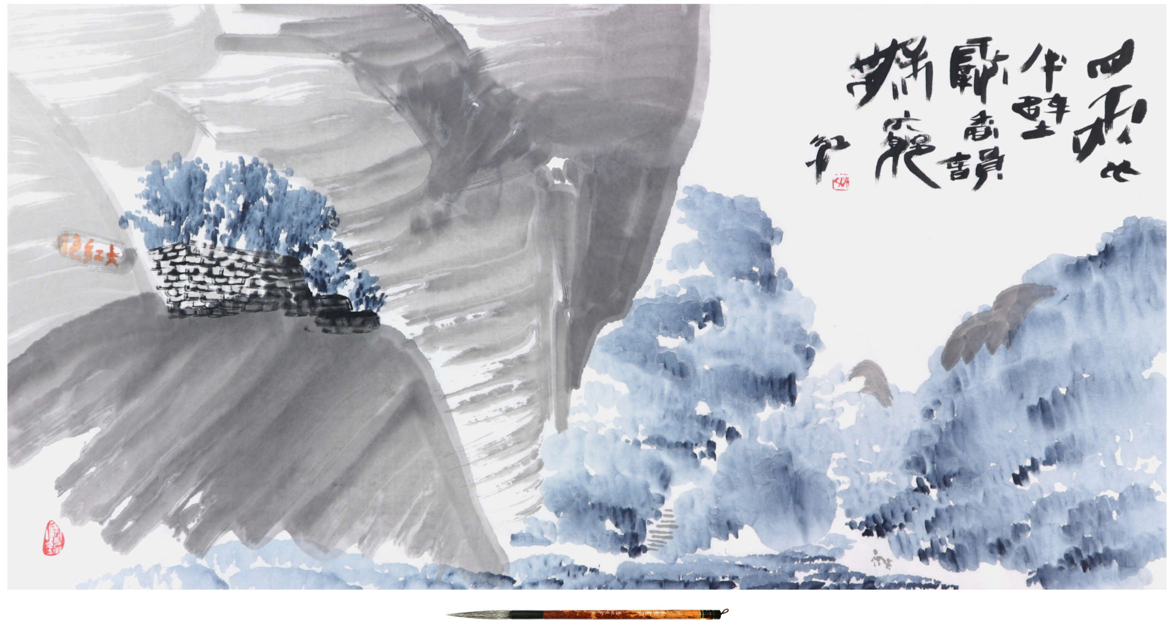 Sai Koh (Qi Hong)’s Freehand Brushwork Traditional Chinese Painting and Calligraphy on Tea: Chinese painting (landscape painting, literati painting, ink wash painting), Chinese calligraphy (semi-seal script calligraphy), Chinese seal engraving (Chinese seal carving, Chinese seal cutting) - Dahongpao Seed Trees in Mount Wuyi - ink & color on Xuan paper, 2017 - Inscriptions: 200 grams of tea occupies half of the hill wall. They exude a deep fragrance and endless charm. Koh (Hong); Chinese, 四兩比半壁 霸香韻無窮 紅 - Seal: Sai (Qi); Chinese, 齊 A Drop of Water Moistens the Universe; Chinese, 一滴潤乾坤 - Xuan Paper: Mian Liao Mian Lian, 138×69cm - Brush: Goat Hair Long Head Brush, Meng Zhang Hua Bi · Jiang
