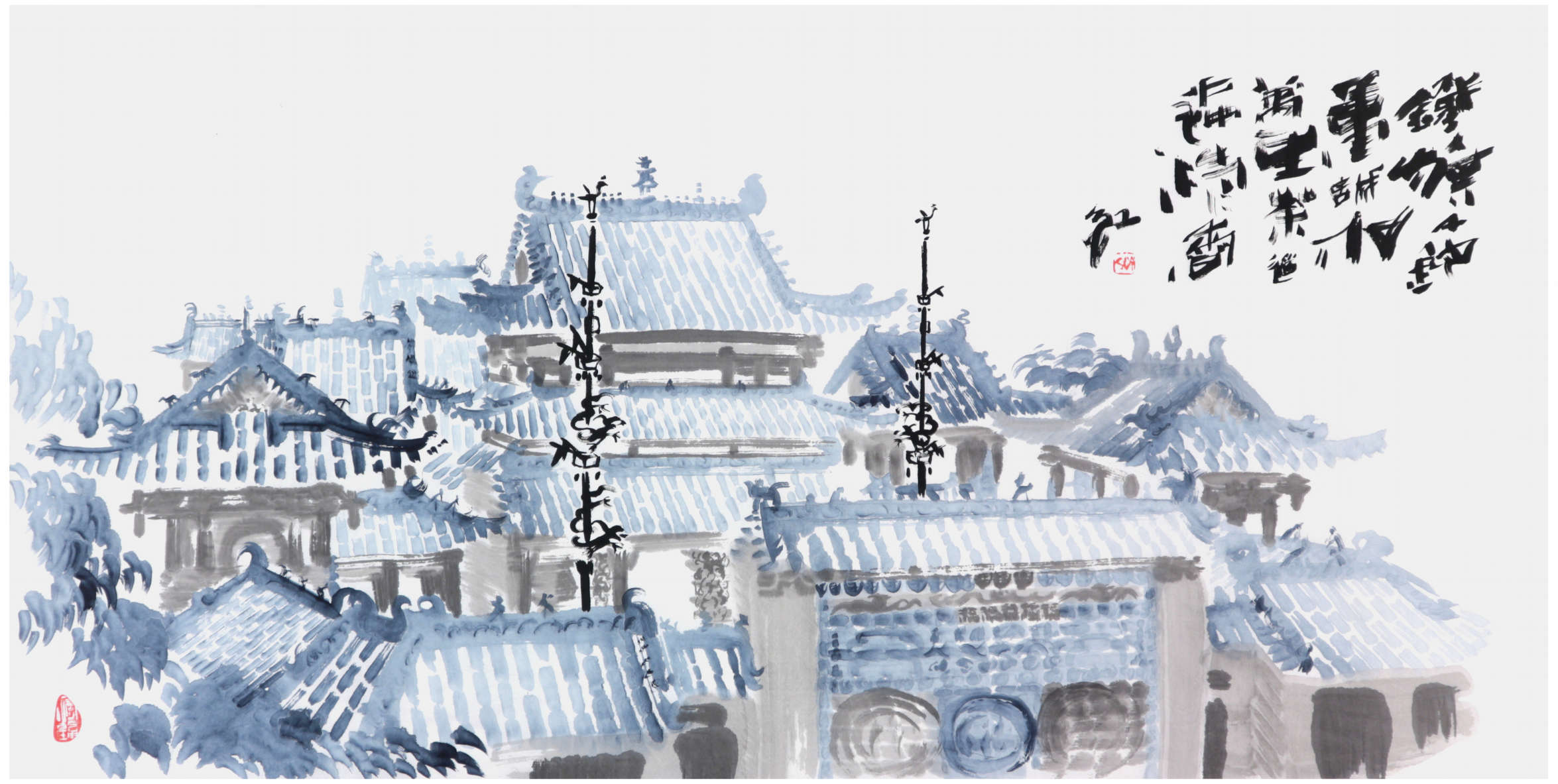 Sai Koh (Qi Hong)’s freehand brushwork Chinese painting (aka, ruler painting,  literati painting,  ink wash painting, ink painting, ink brush painting): Sheqi Shan Shaan Guild Hall, 138×69cm, ink & color on Mian Liao Mian Lian Xuan paper