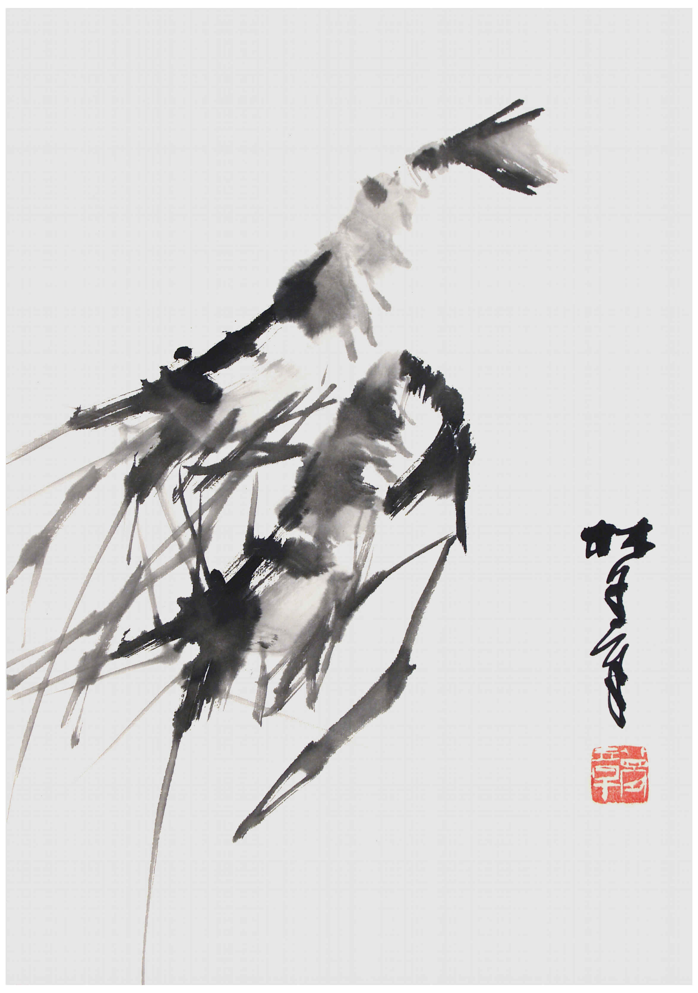 Qi Mengzhang 's freehand brushwork style ink wash painting (aka Chinese painting, literati painting, ink painting, ink brush painting): Shrimps, 51×35cm, ink