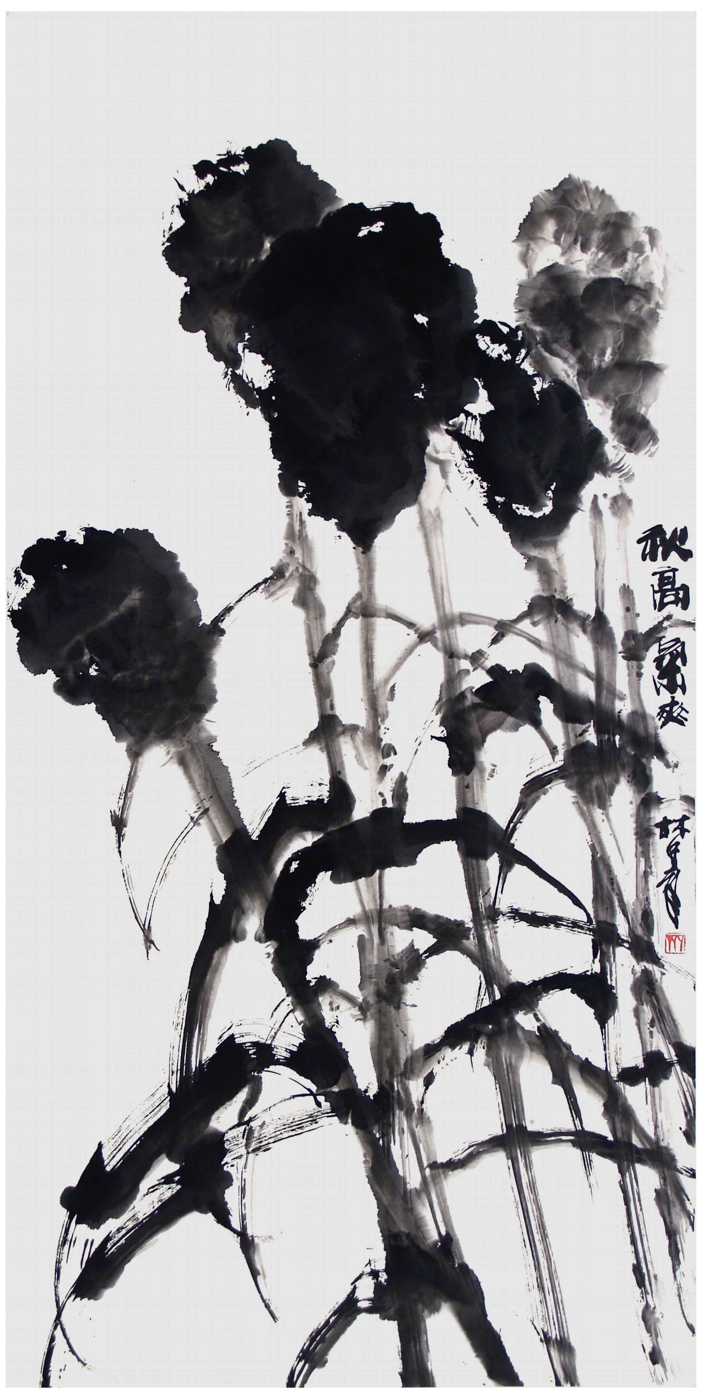Qi Mengzhang 's freehand brushwork style ink wash painting (aka Chinese painting, literati painting, ink painting, ink brush painting): Sorghums, 138×69cm, ink