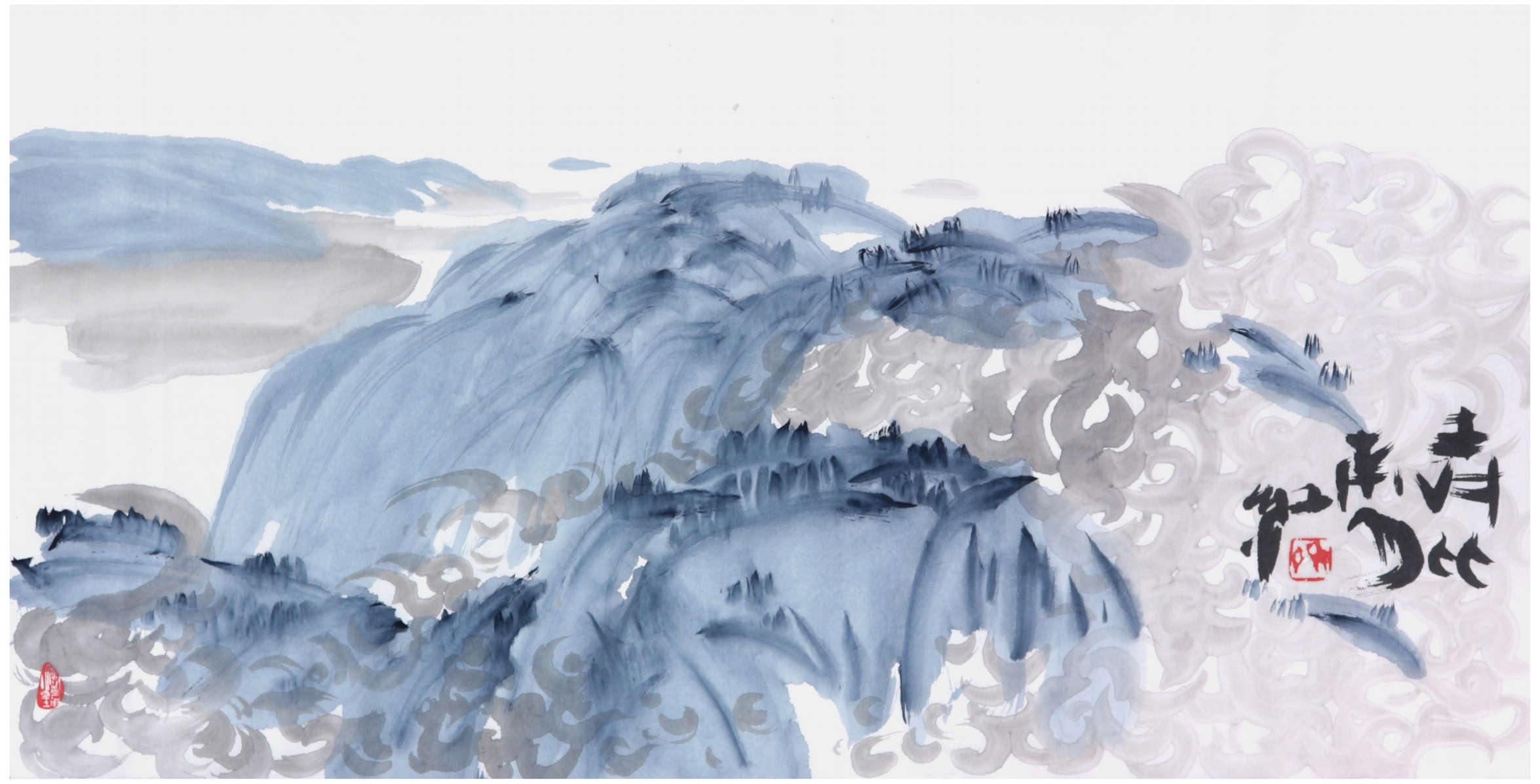 Sai Koh (Qi Hong)’s freehand brushwork Chinese painting (aka, landscape painting,  literati painting,  ink wash painting, ink painting, ink brush painting): The Zhongnan Mountains, 138×69cm, ink & color on Mian Liao Mian Lian Xuan paper