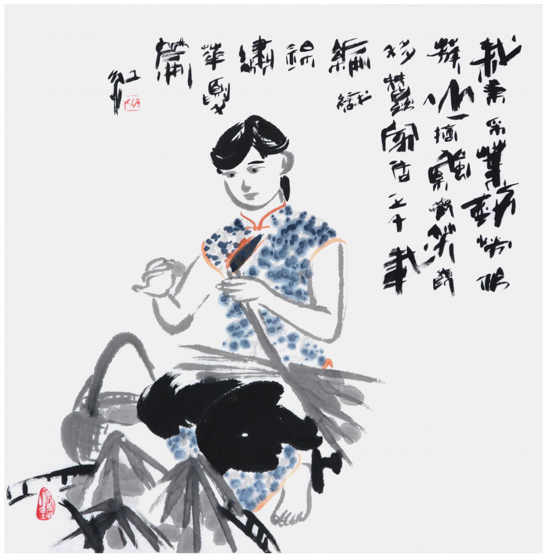 Sai Koh (Qi Hong)’s freehand brushwork Chinese painting (aka, figure painting,  literati painting,  ink wash painting, ink painting, ink brush painting): A Silken Cocoons Picking Girl, 69×68cm, ink & color on Mian Liao Mian Lian Xuan paper