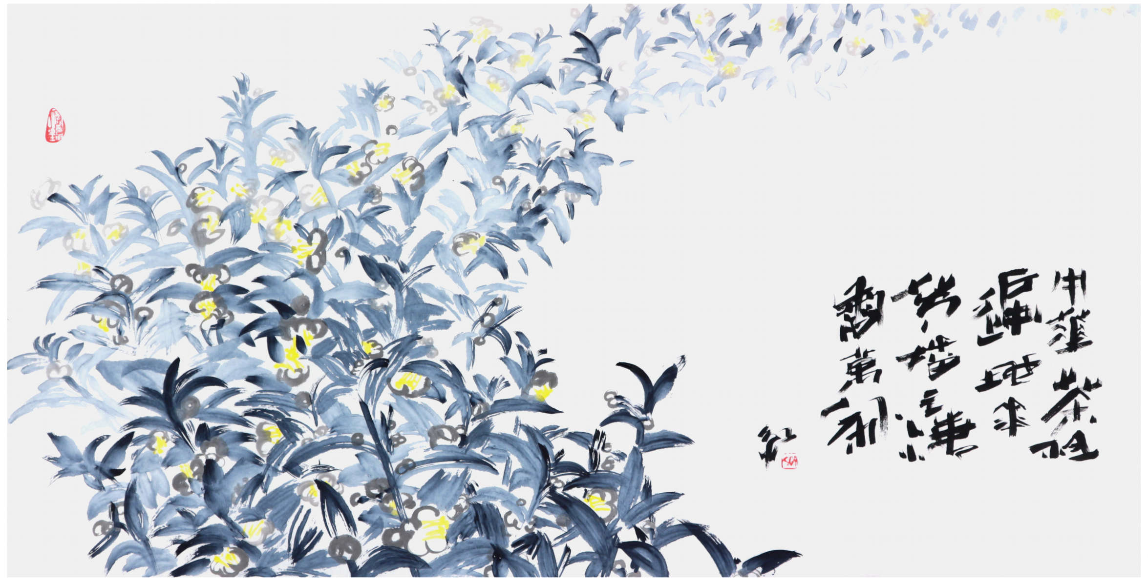 Sai Koh (Qi Hong)’s freehand brushwork Chinese painting (aka, bird-and-flower painting,  literati painting,  ink wash painting, ink painting, ink brush painting): Blossoming Tea Trees, 138×69cm, ink & color on Mian Liao Mian Lian Xuan paper