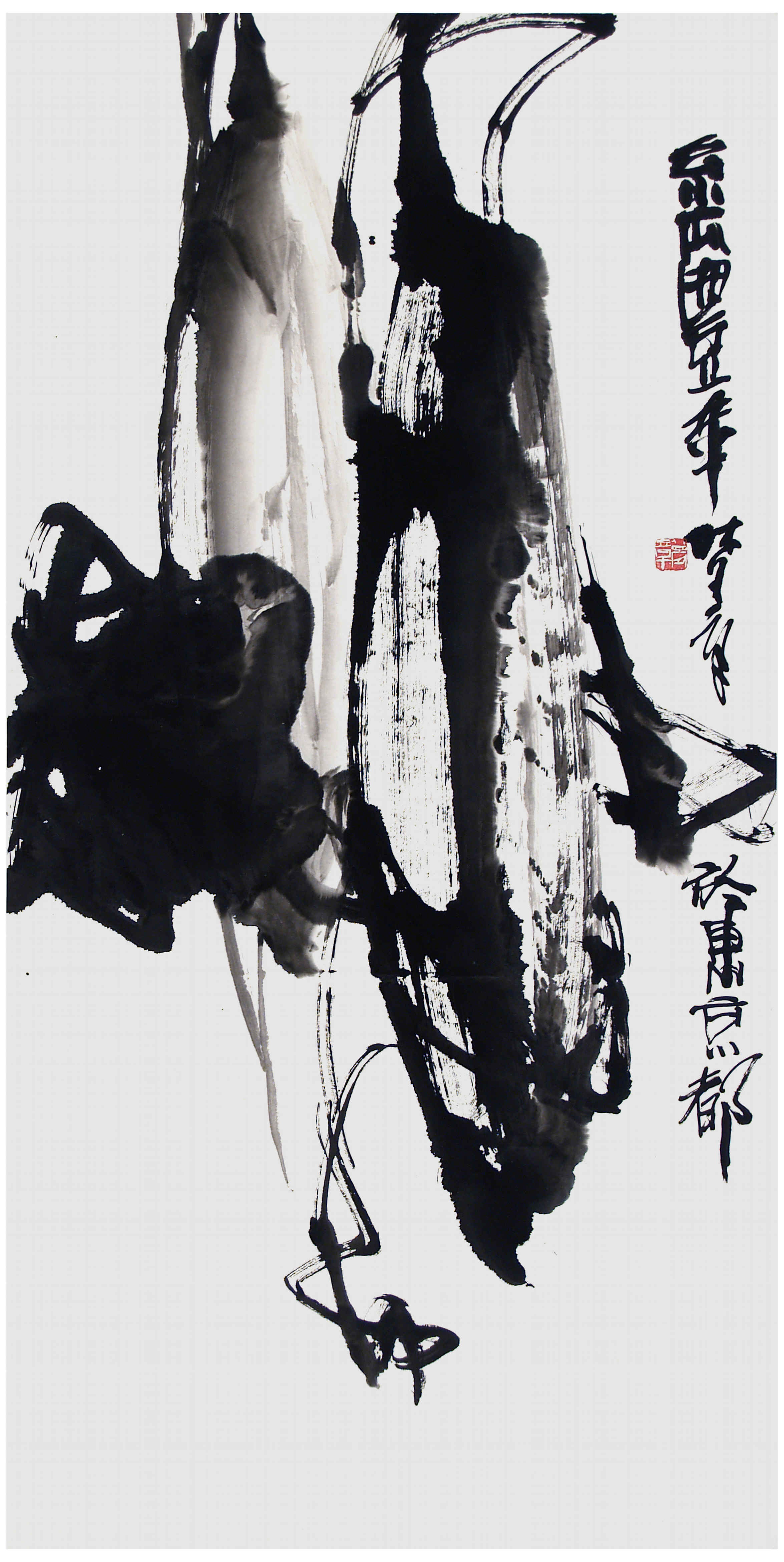 Qi Mengzhang 's freehand brushwork style ink wash painting (aka Chinese painting, literati painting, ink painting, ink brush painting): Towel Gourd, 138×69cm, ink
