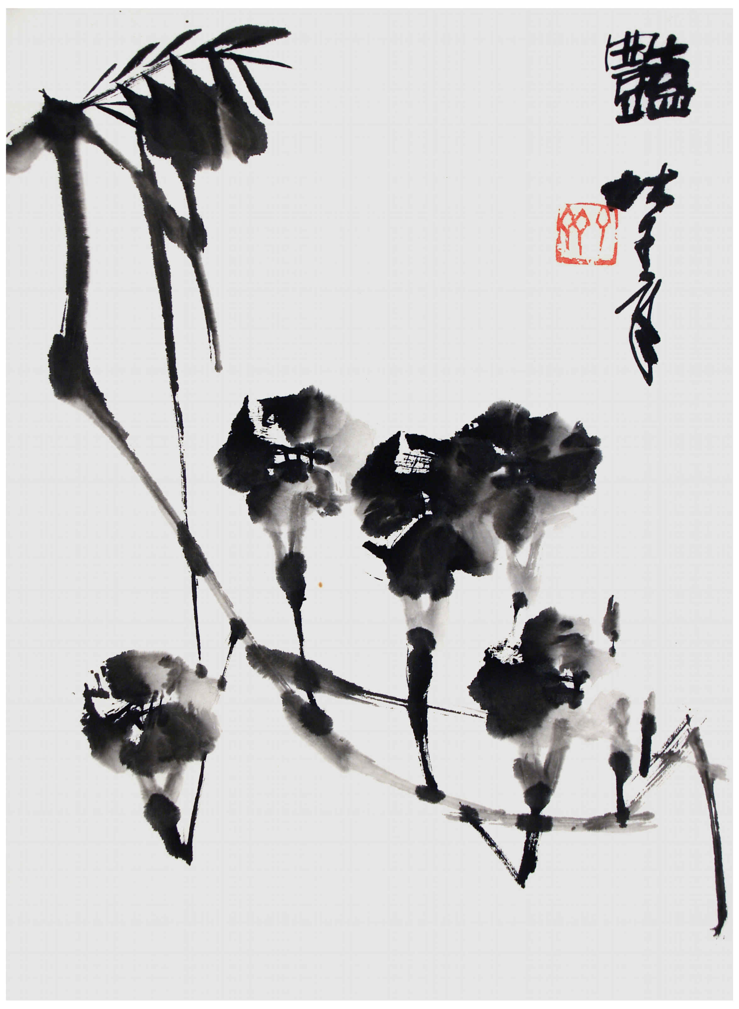 Qi Mengzhang 's freehand brushwork style ink wash painting (aka Chinese painting, literati painting, ink painting, ink brush painting): Chinese Trumpet Vine, 51×35cm, ink