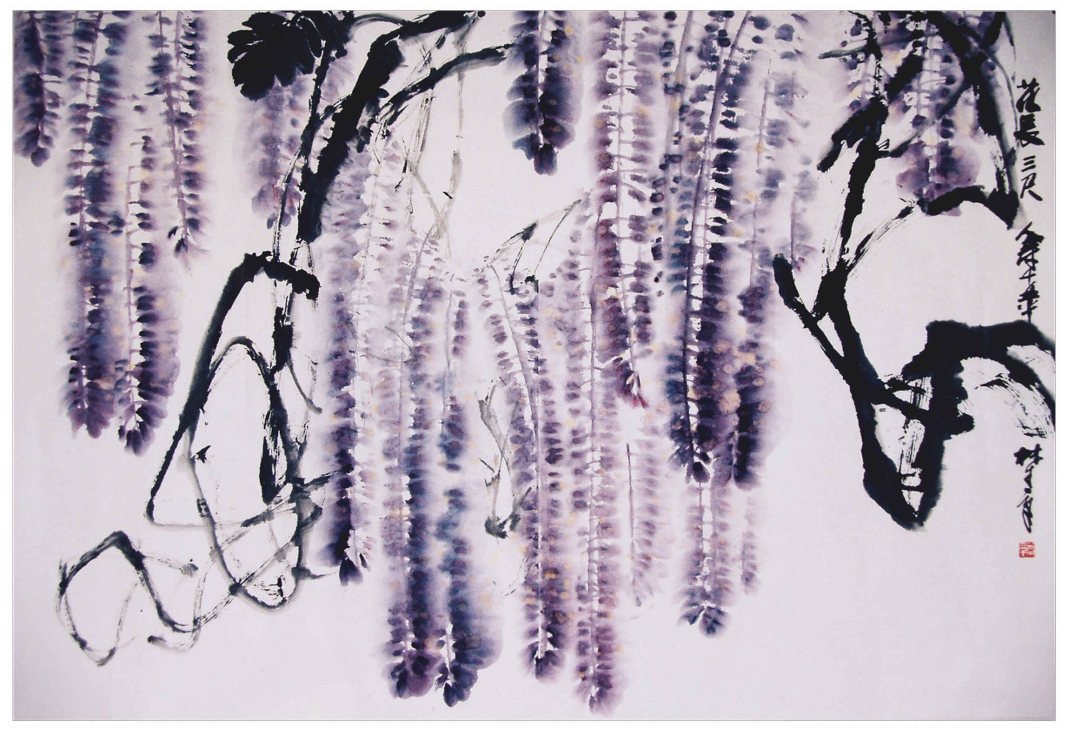 Qi Mengzhang 's freehand brushwork style ink wash painting (aka Chinese painting, literati painting, ink painting, ink brush painting): Wisteria 2, 180×120cm, ink & color