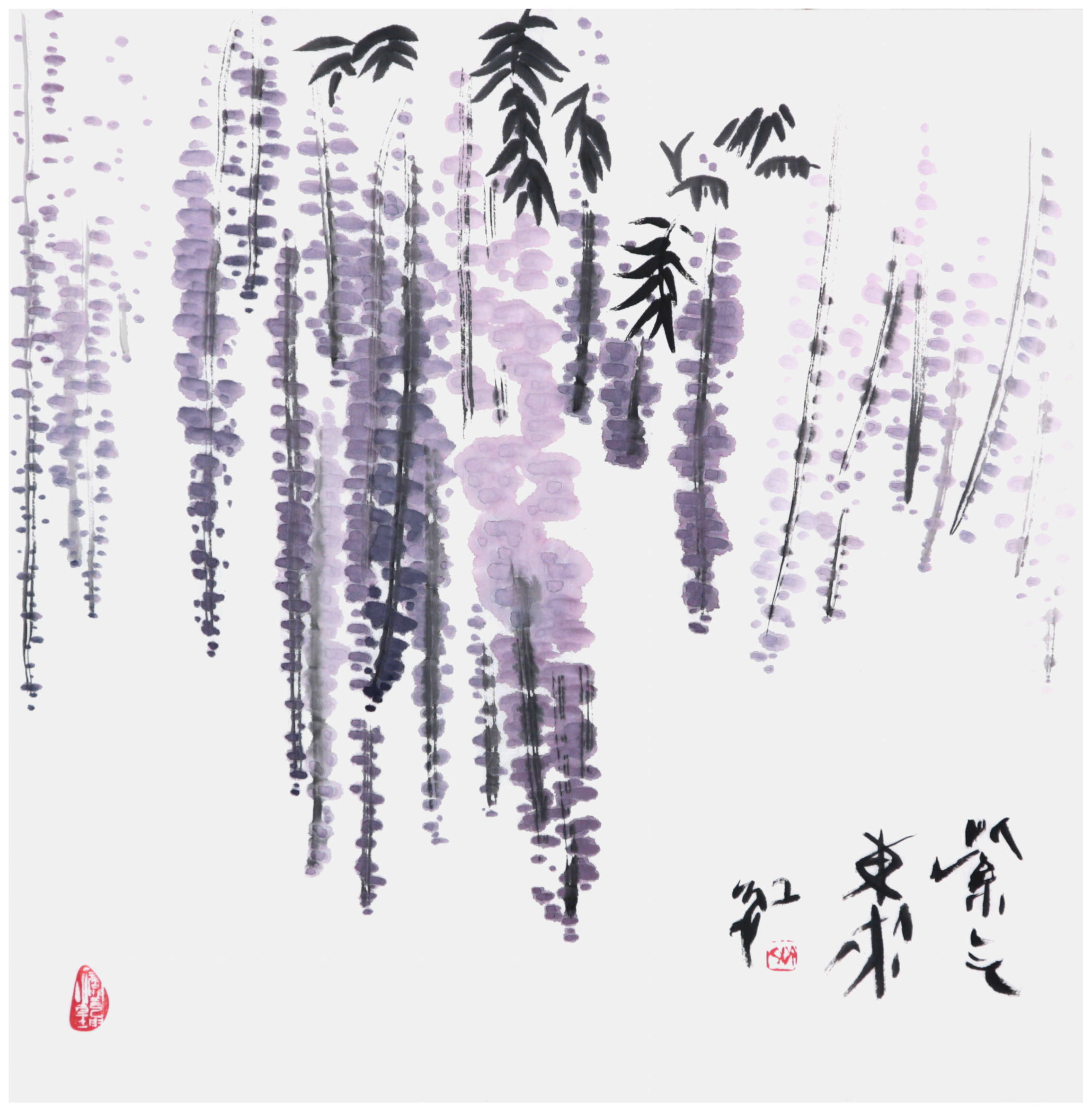 Sai Koh (Qi Hong)’s freehand brushwork Chinese painting (aka, bird-and-flower painting,  literati painting,  ink wash painting, ink painting, ink brush painting): Purple Wisteria 5, 69×68cm, ink & color on Mian Liao Mian Lian Xuan paper