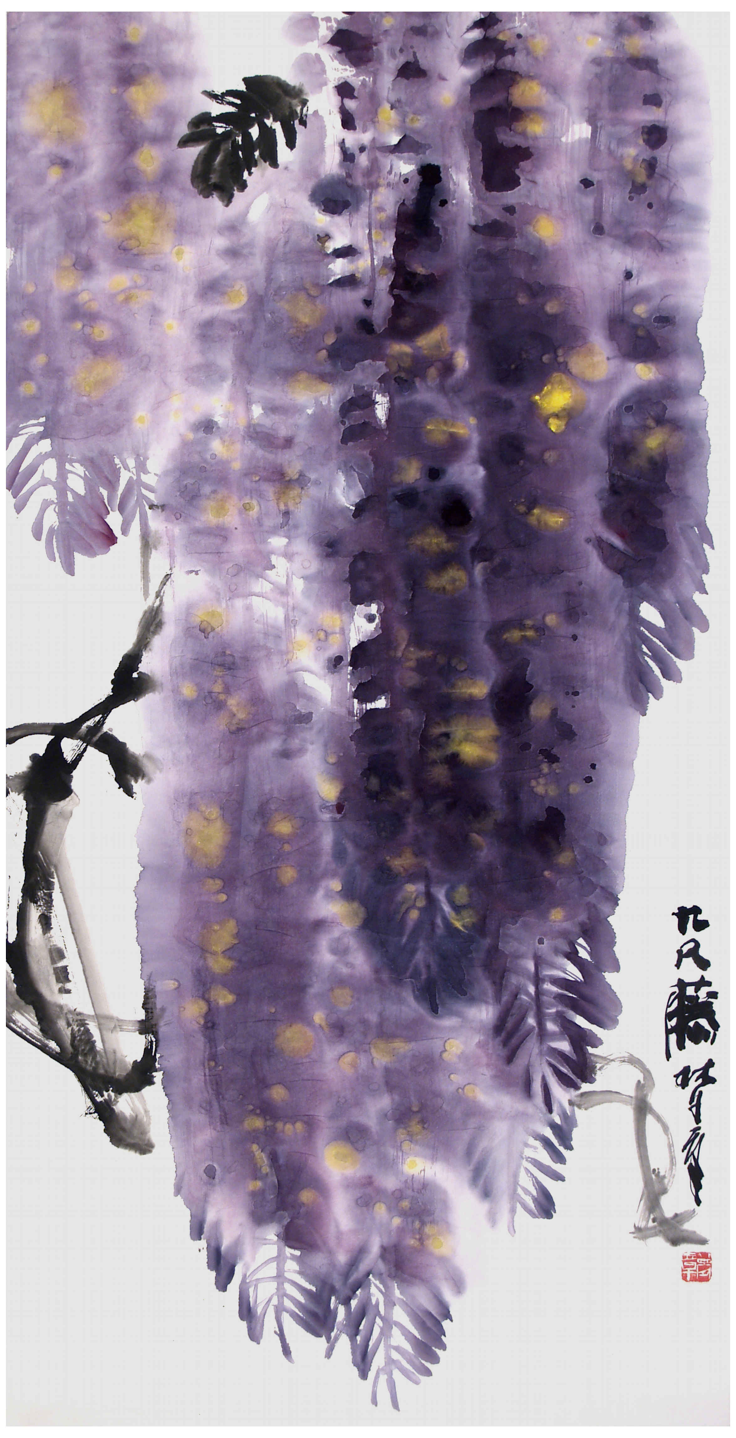 Qi Mengzhang 's freehand brushwork style ink wash painting (aka Chinese painting, literati painting, ink painting, ink brush painting): Wisteria, 138×69cm, ink & color