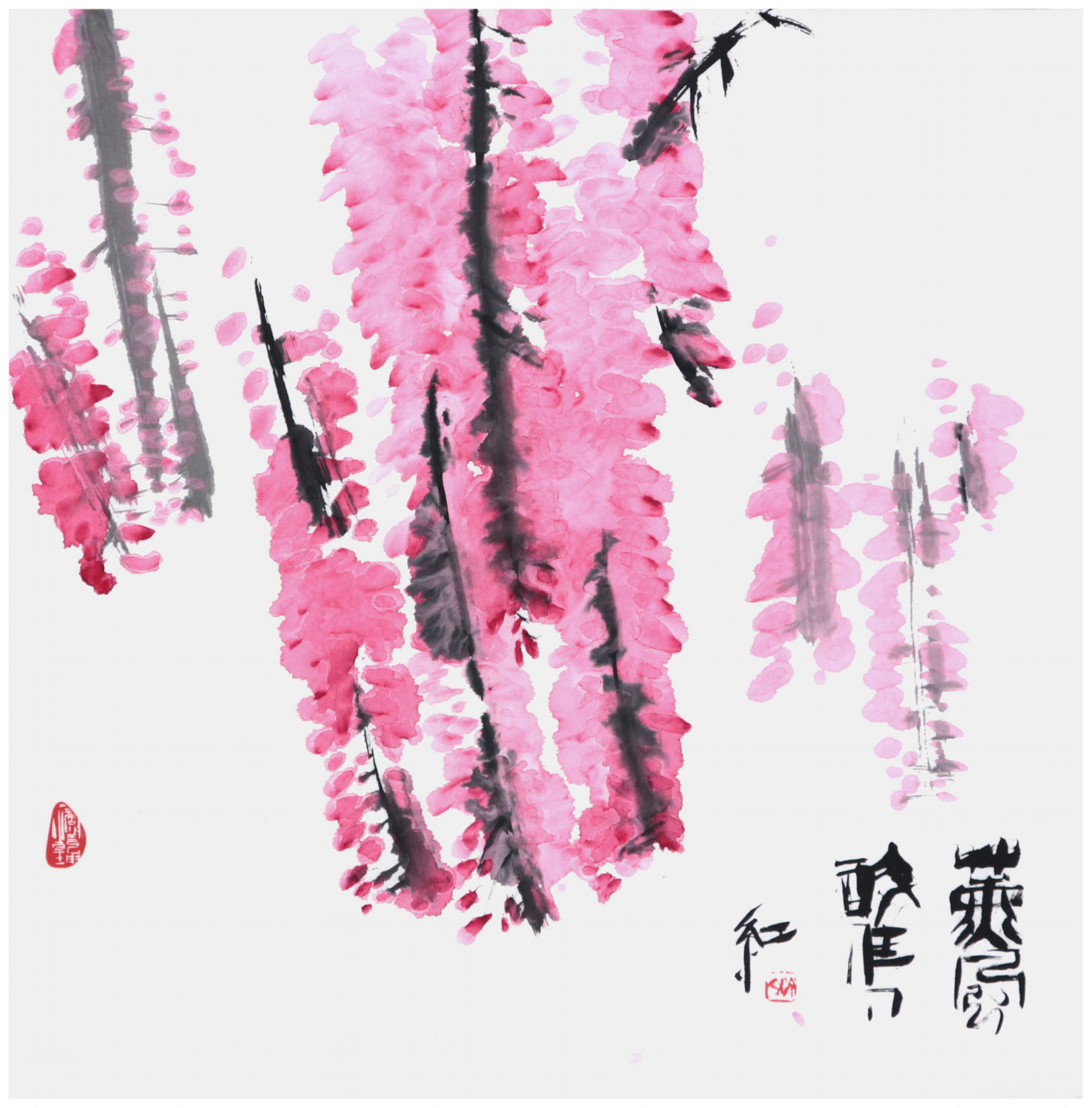 Sai Koh (Qi Hong)’s freehand brushwork Chinese painting (aka, bird-and-flower painting,  literati painting,  ink wash painting, ink painting, ink brush painting): Wisteria 4, 69×68cm, ink & color on Mian Liao Mian Lian Xuan paper