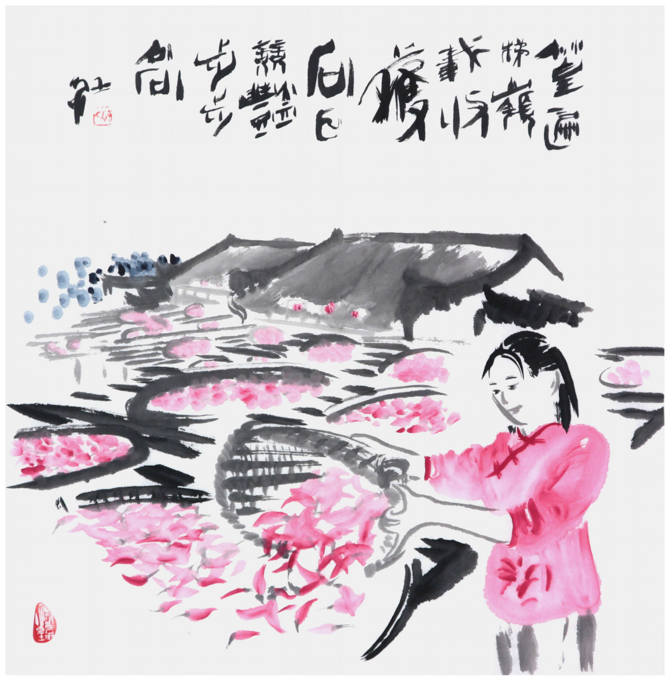 齐红作大写意中国画(中国传统绘画文人画水墨画人物画山水画花鸟画国画)“婺源晒秋女”的人物画大写意国画，69×68cm，彩墨纸本｜齐红大写意中国画文人画水墨画人物画山水画花鸟画国画绘画官网